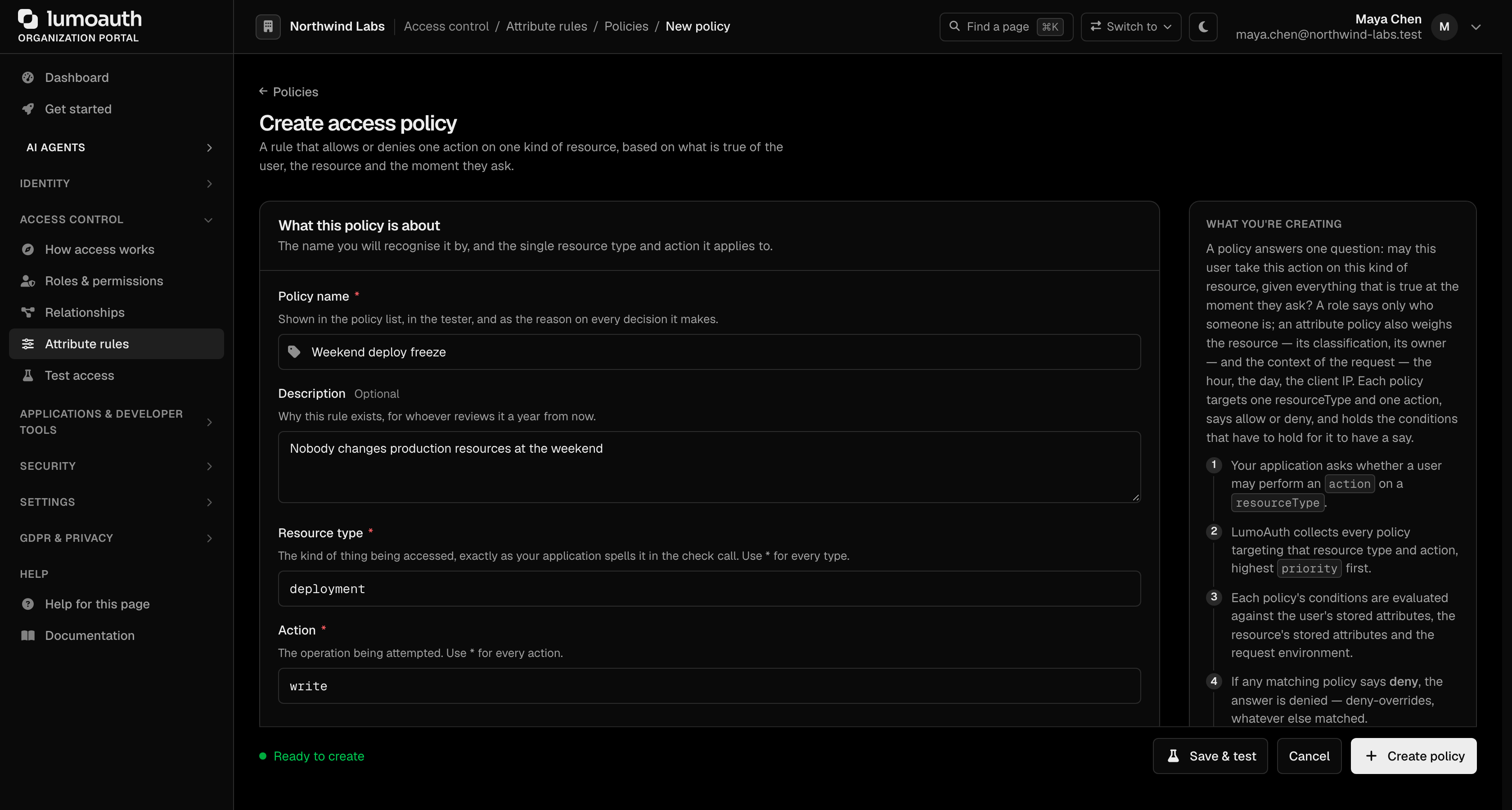 The Create access policy form with policy name, description and resource type