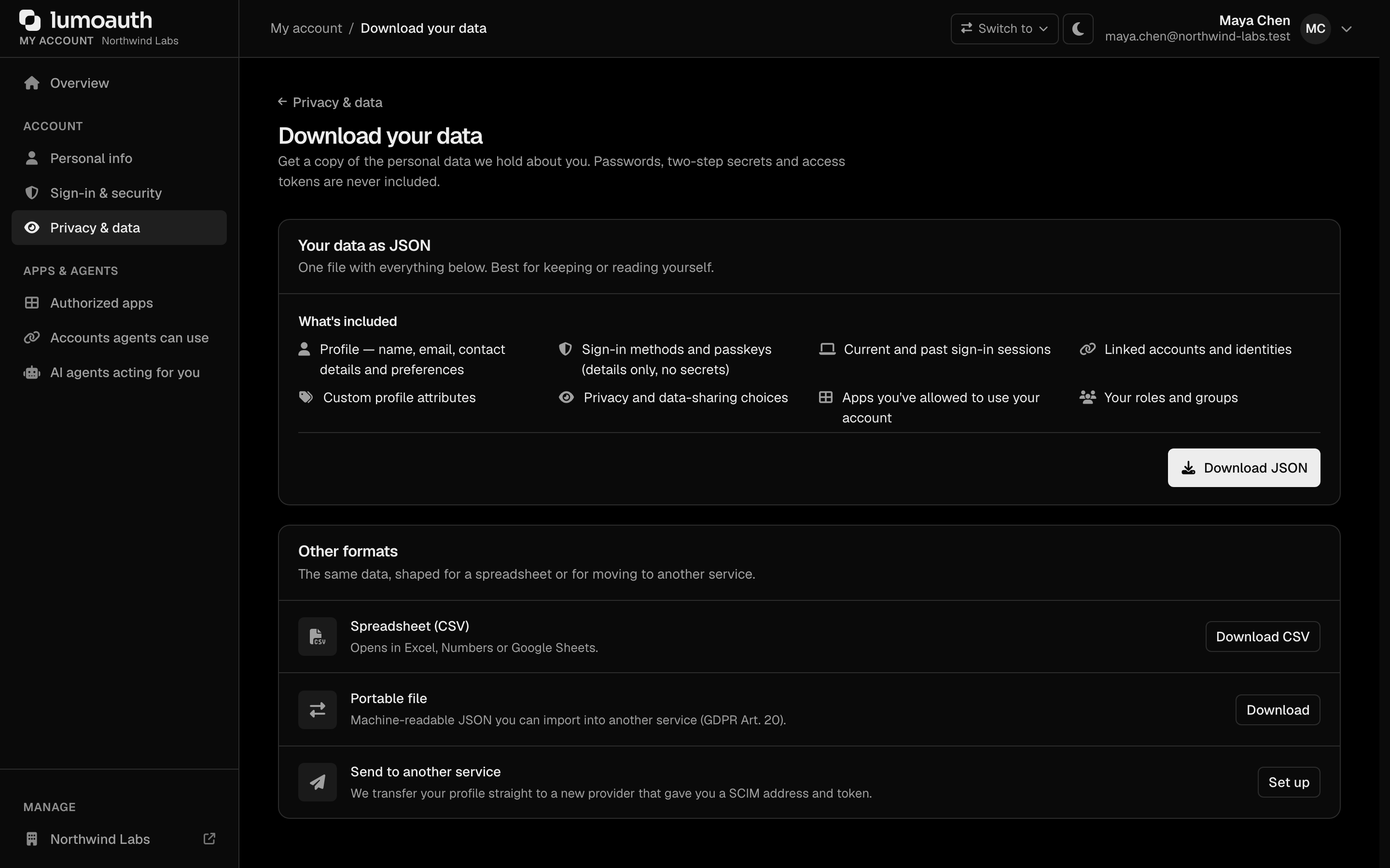 The Download your data page with the JSON, CSV and portable file downloads