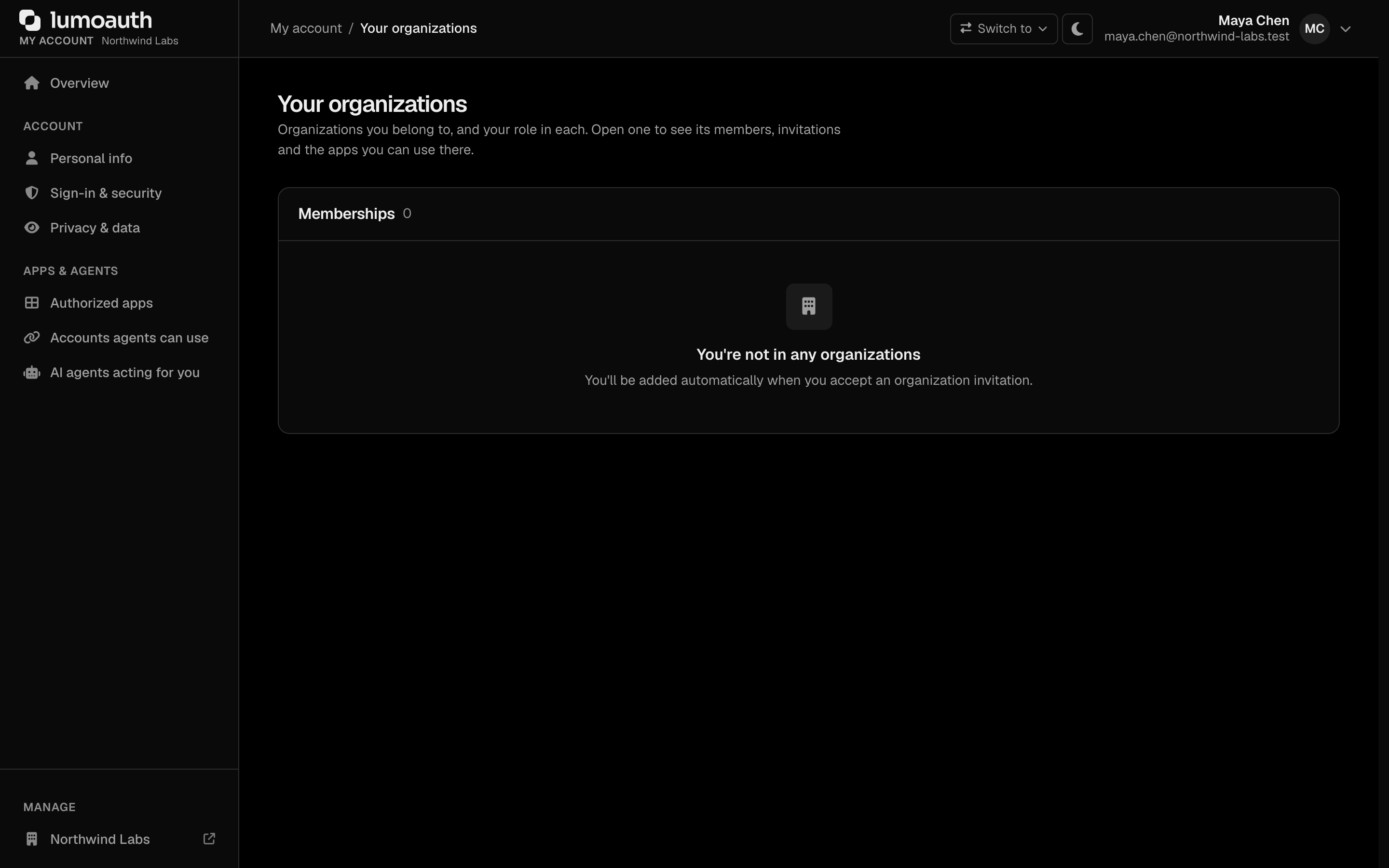 The Your organizations page listing customer organization memberships