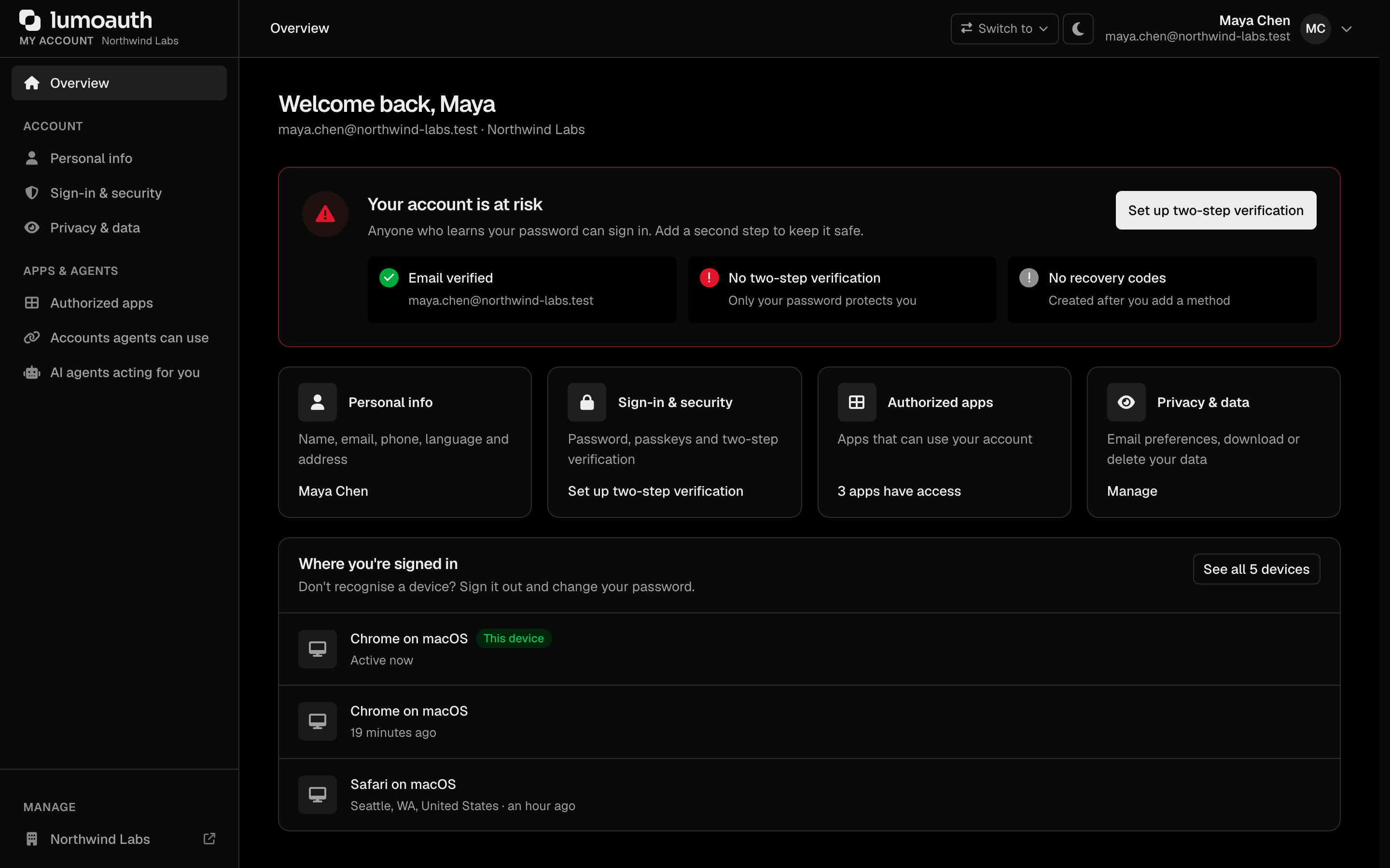 The account Overview page with the account health card, shortcuts and signed-in devices