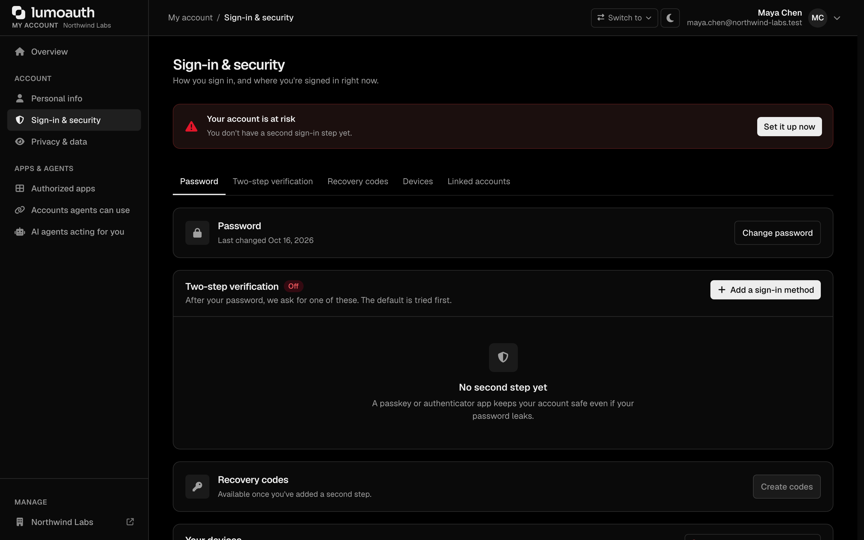 The Sign-in &amp; security page listing the user's sign-in methods under Two-step verification