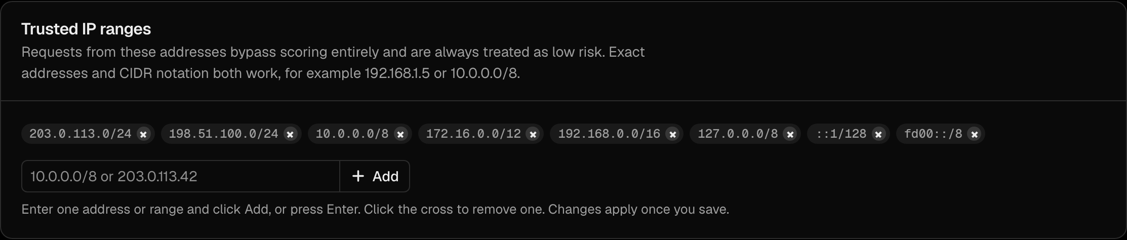 The Trusted IP ranges section of the Adaptive security page