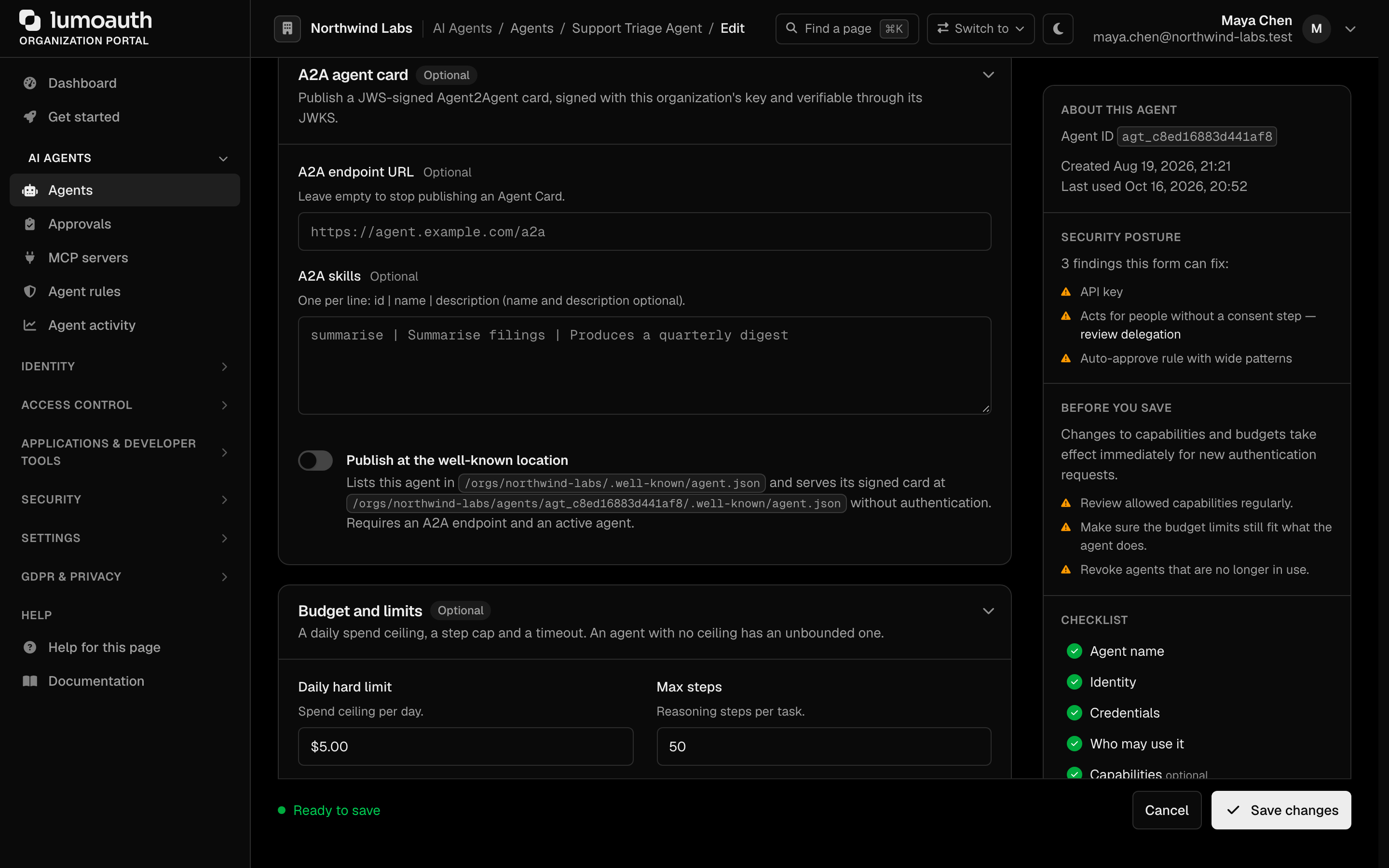 The A2A agent card section of the agent edit page with the Publish at the well-known location switch