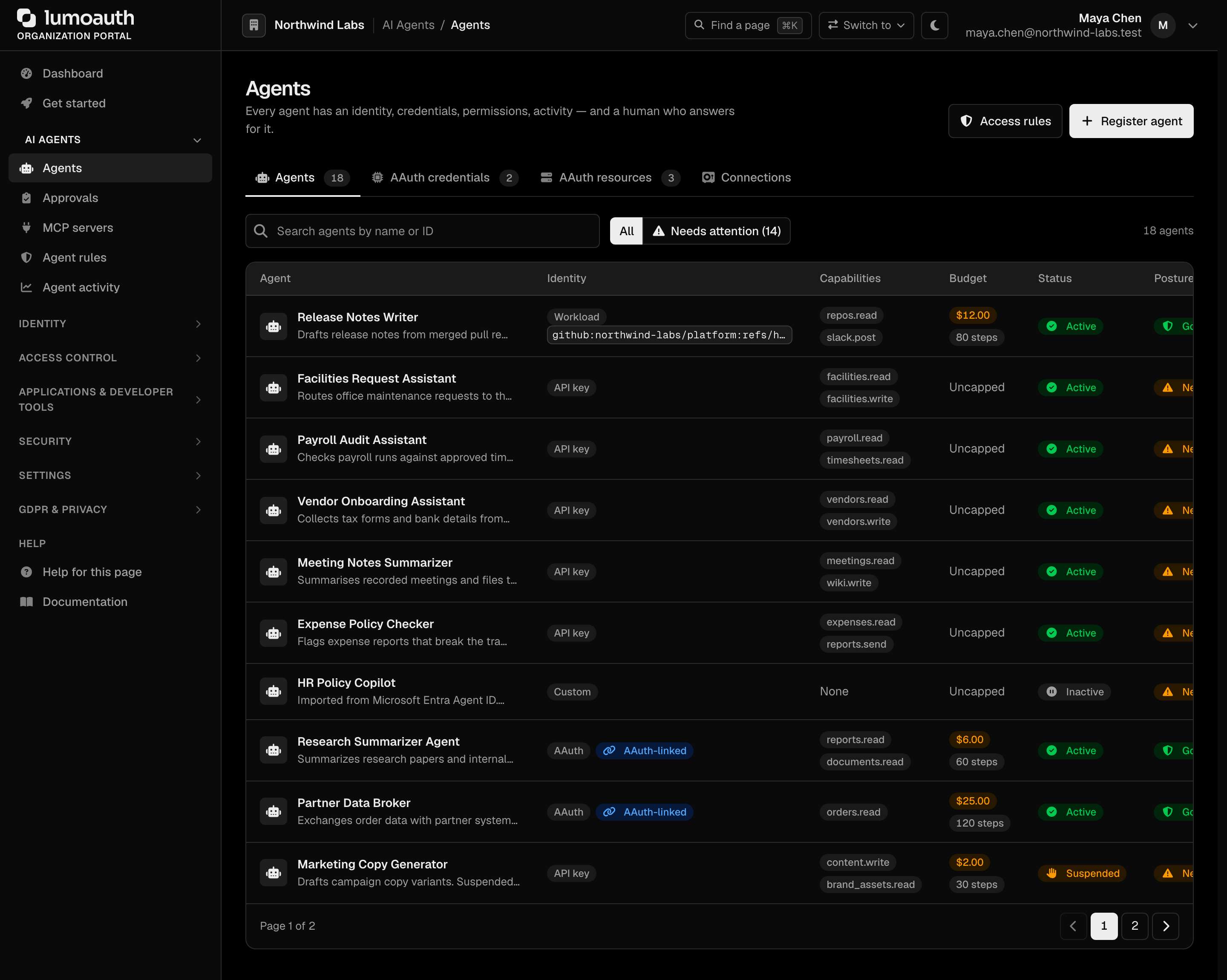 The Agents page in the organization portal, with the AI Agents section of the sidebar