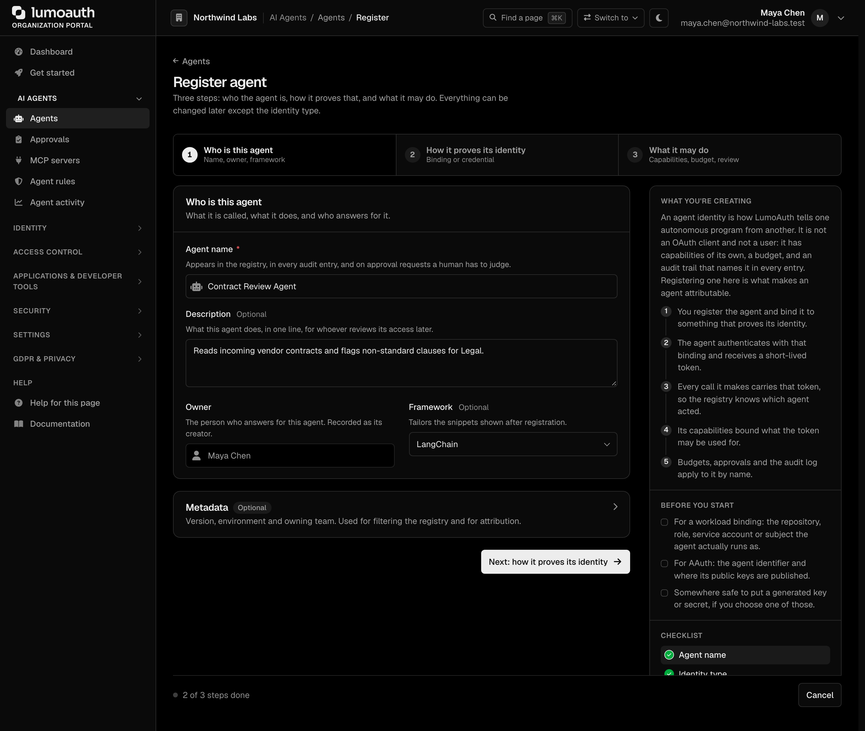 Step 1 of the Register agent wizard with the agent name and description filled in