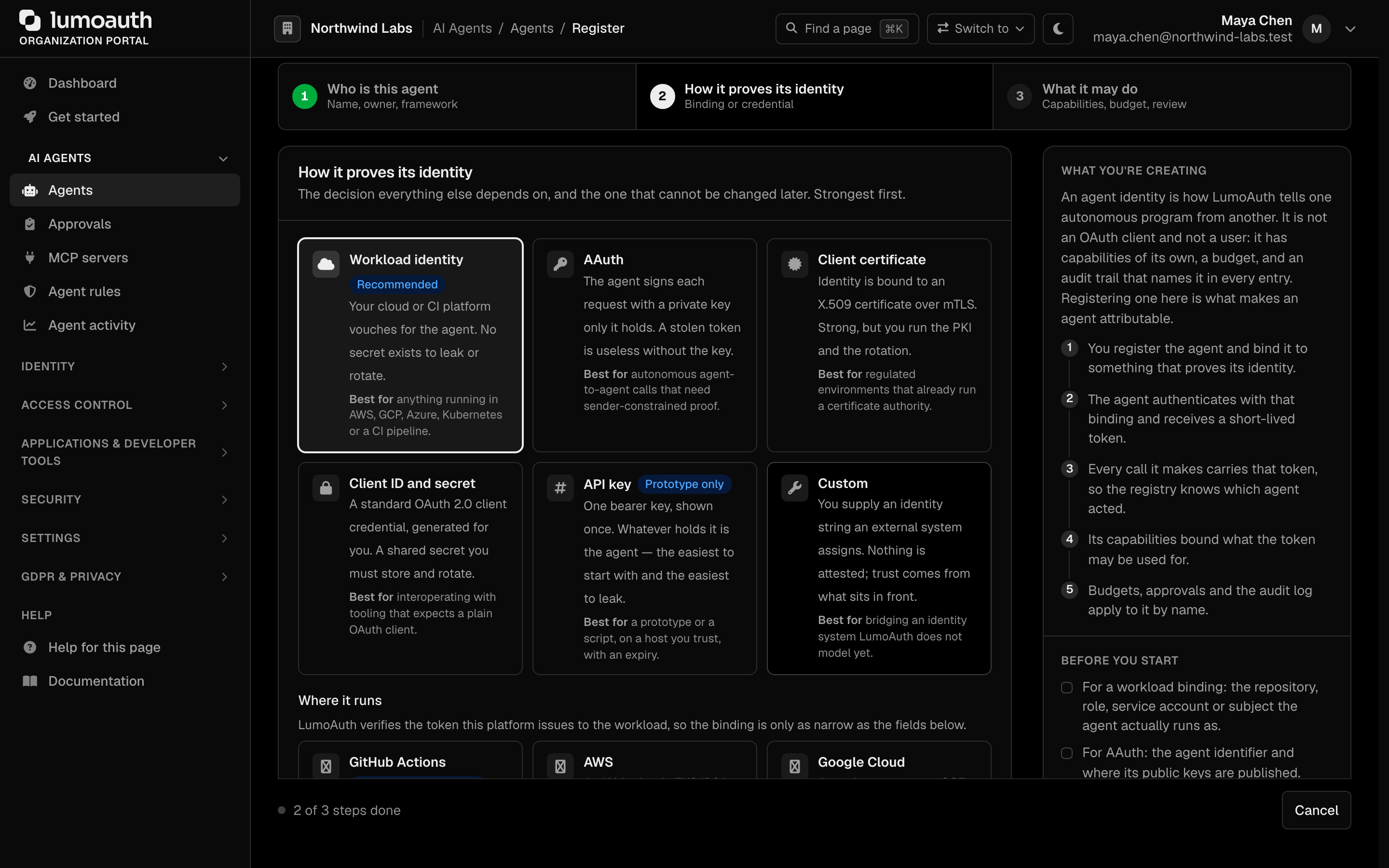 The identity type cards of step 2 of the Register agent wizard with Workload identity selected
