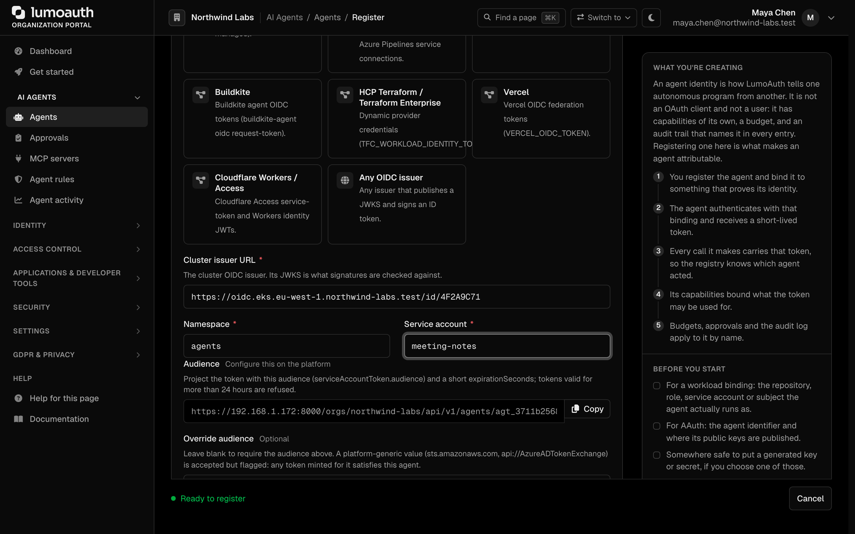 The Kubernetes binding fields below the Where it runs cards: cluster issuer URL, namespace and service account