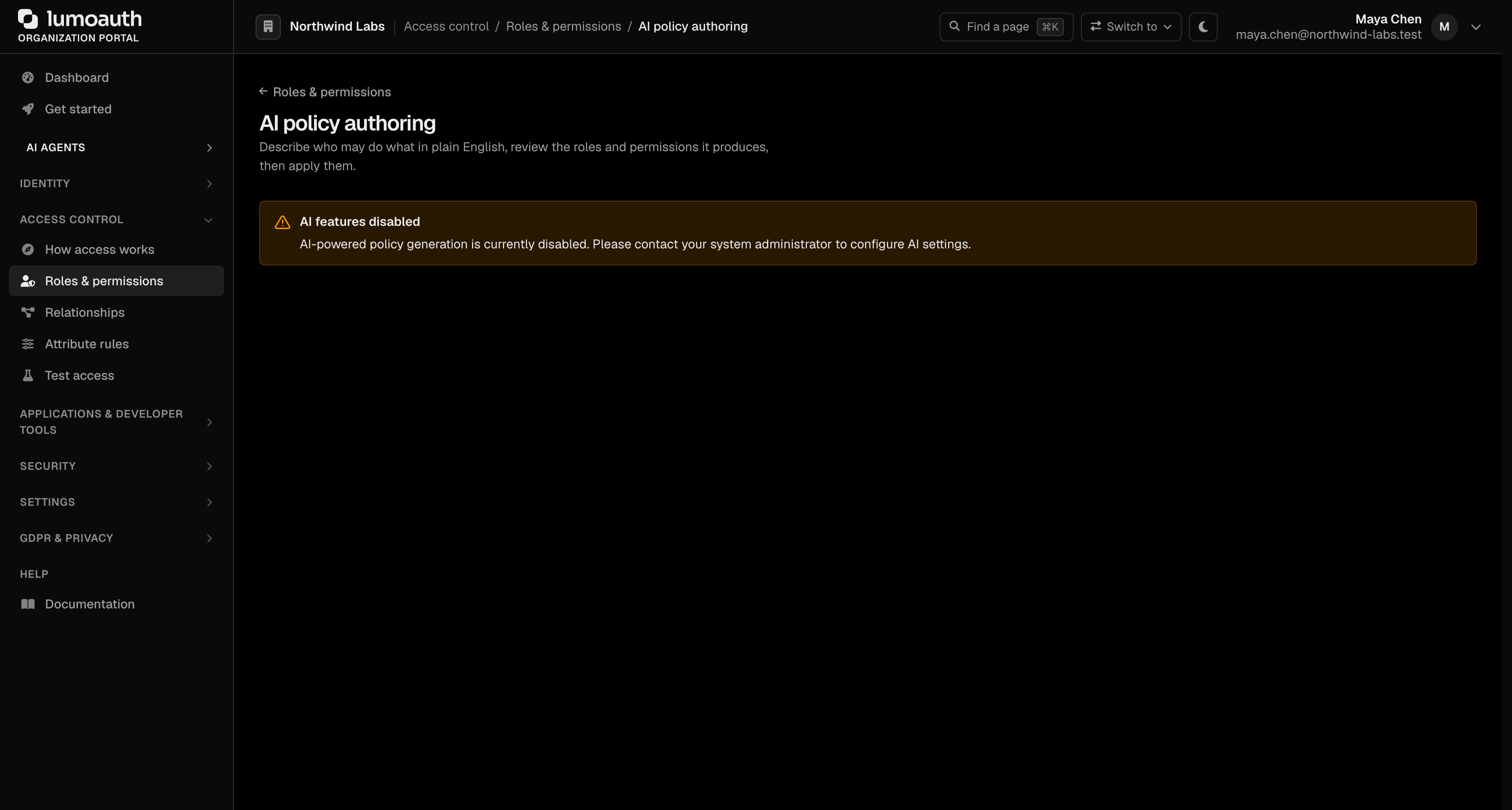 The AI policy authoring page showing the AI features disabled notice
