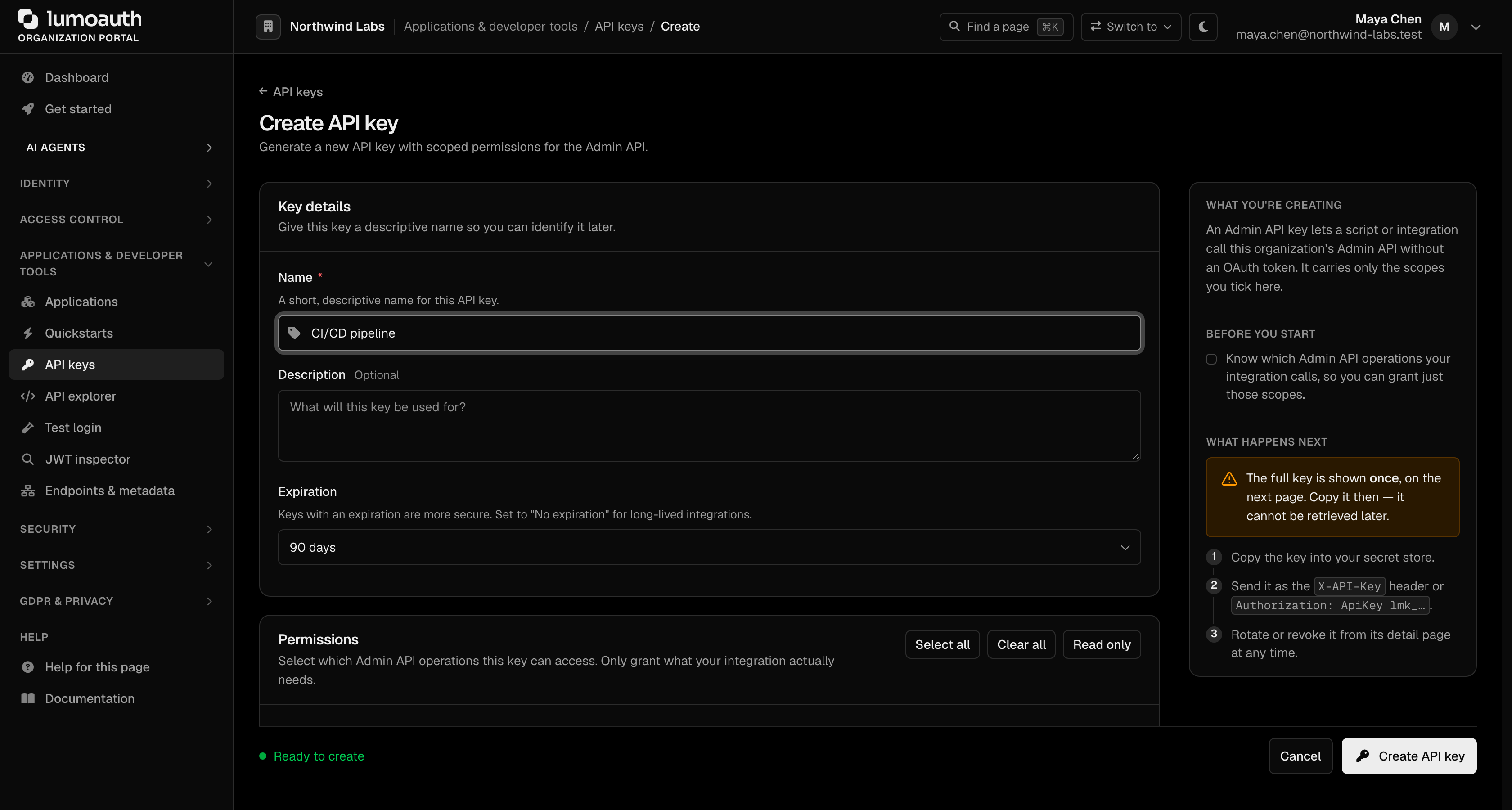 The Create API key page with the name, description and expiration fields, and the What you're creating side panel