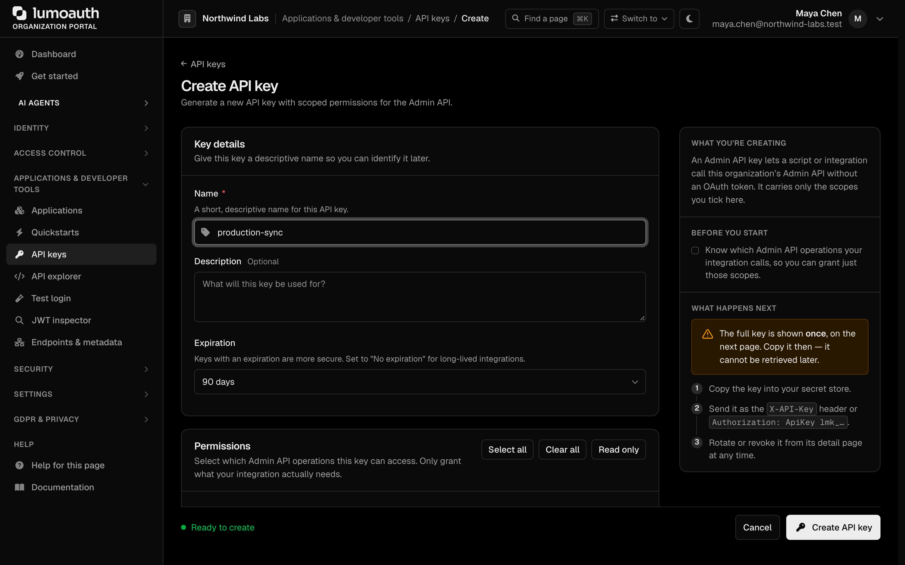 The Create API key form with the name, description and expiration