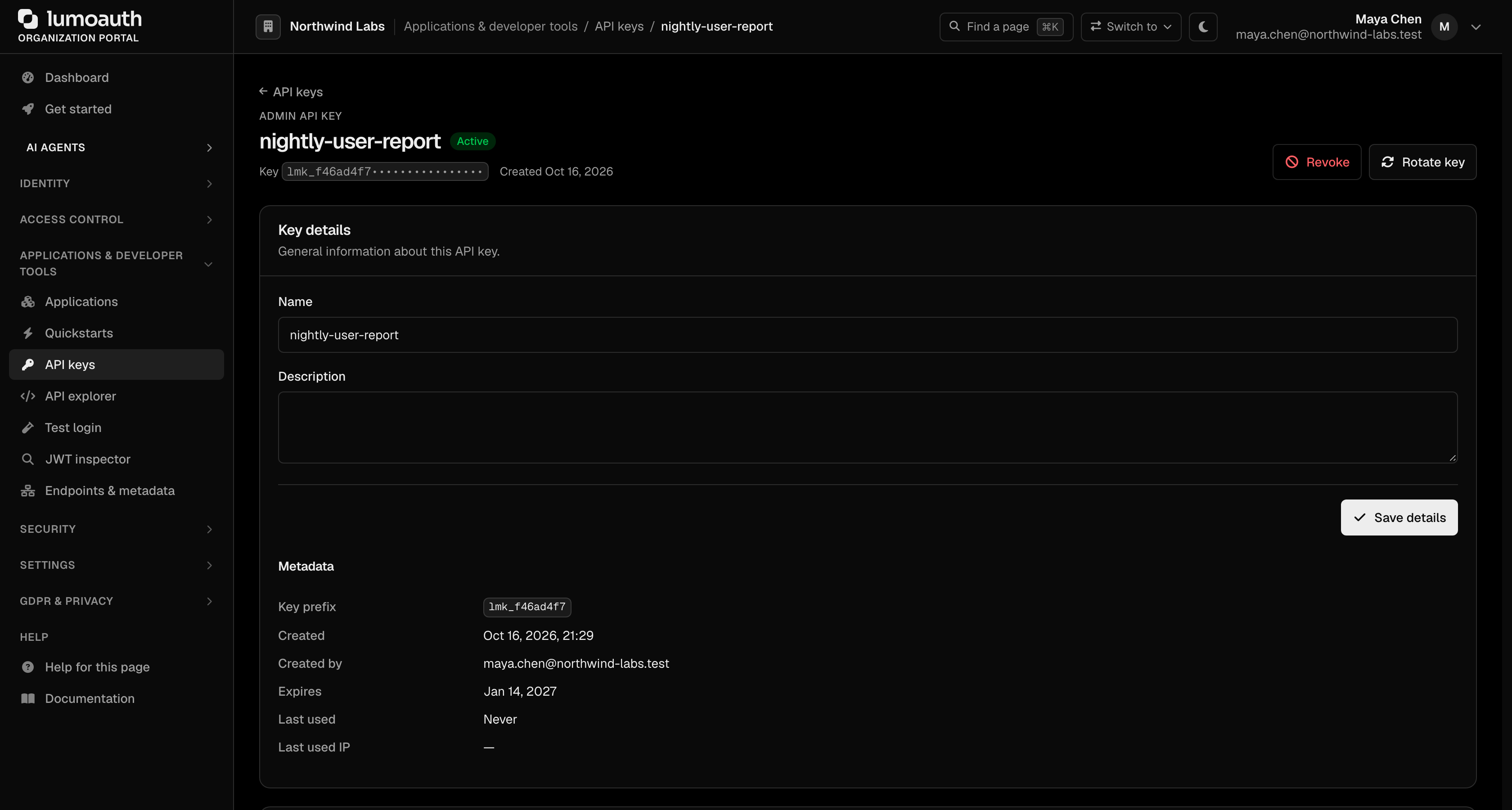 An API key's detail page with the Revoke and Rotate key buttons, key details and metadata
