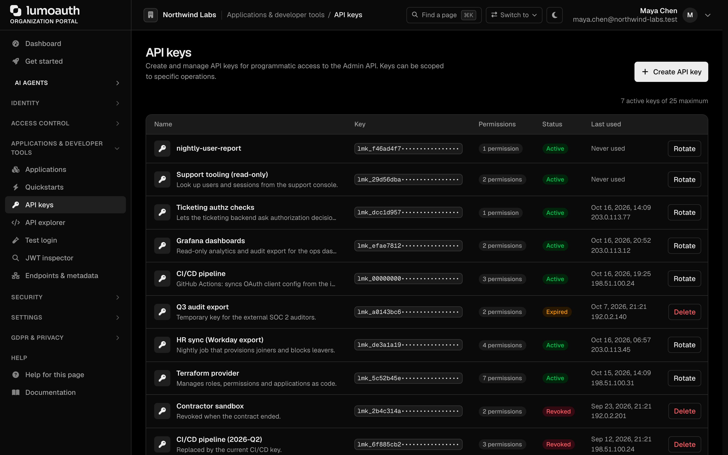 The API keys page with the Create API key button