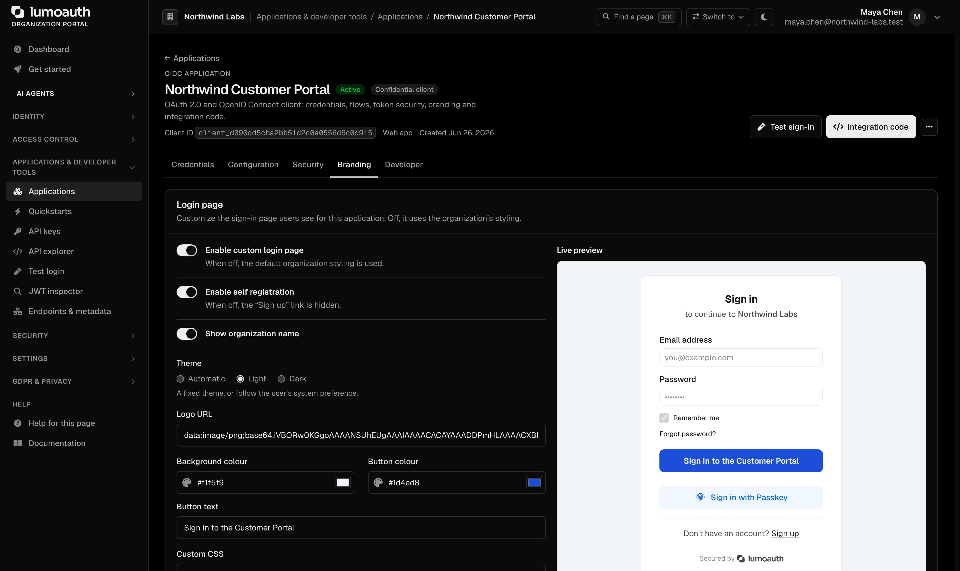 The Branding tab of an application with the Enable custom login page switch
