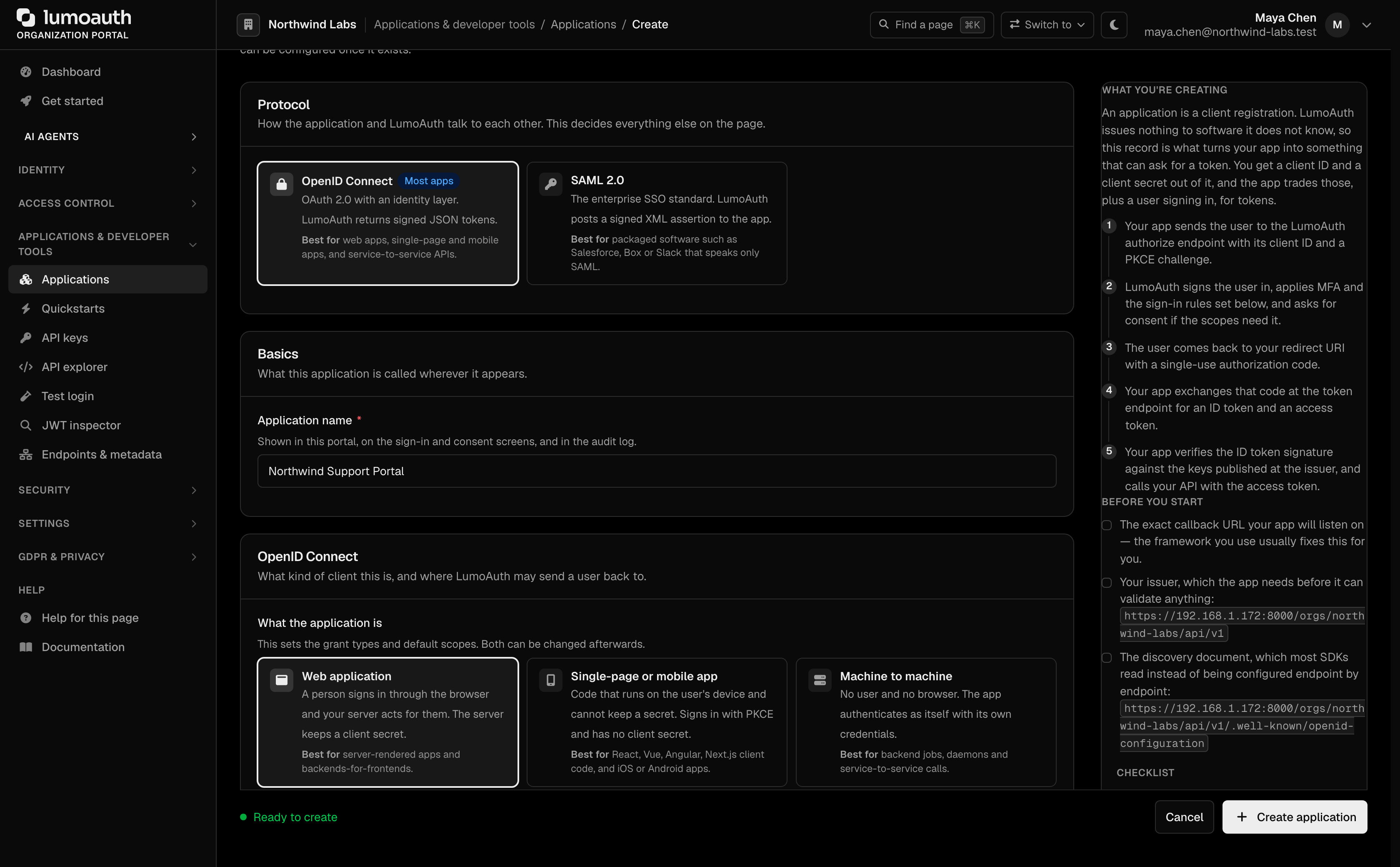 The Create application form with the application scenarios and the redirect URI field