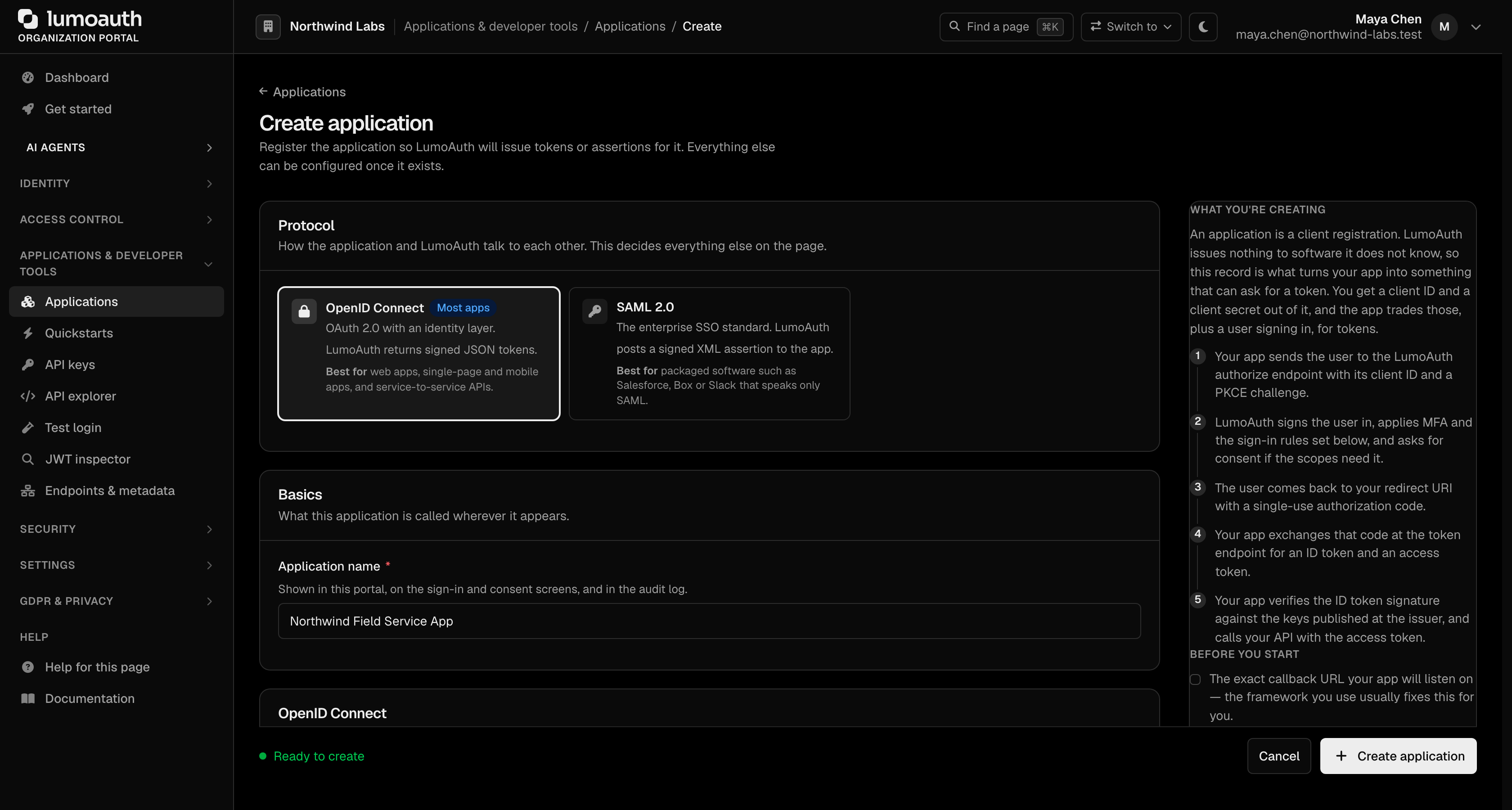 The Create application page in the portal