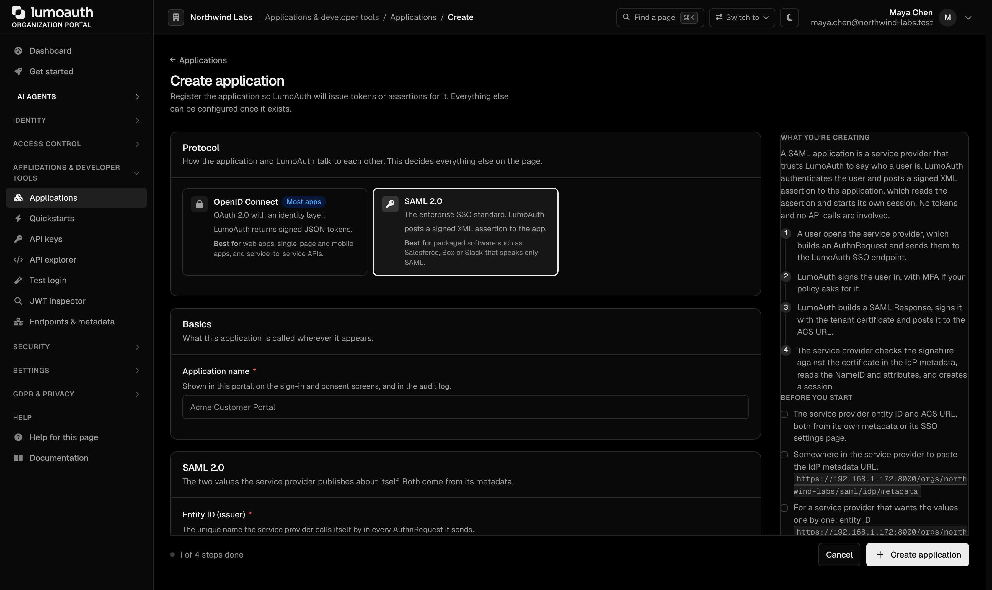 The Create application page with the SAML 2.0 protocol selected