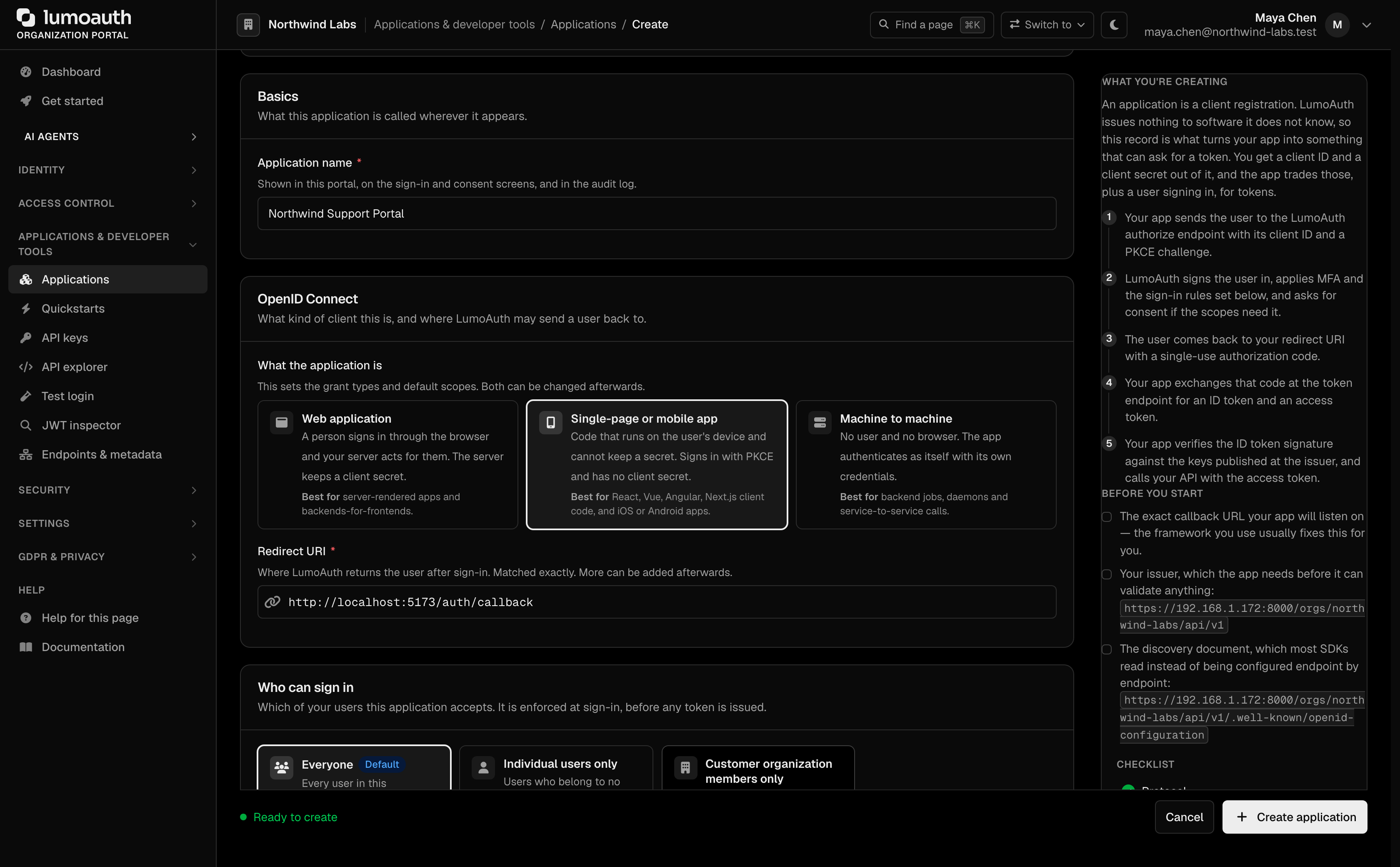 The Create application form with Single-page or mobile app selected and a redirect URI entered