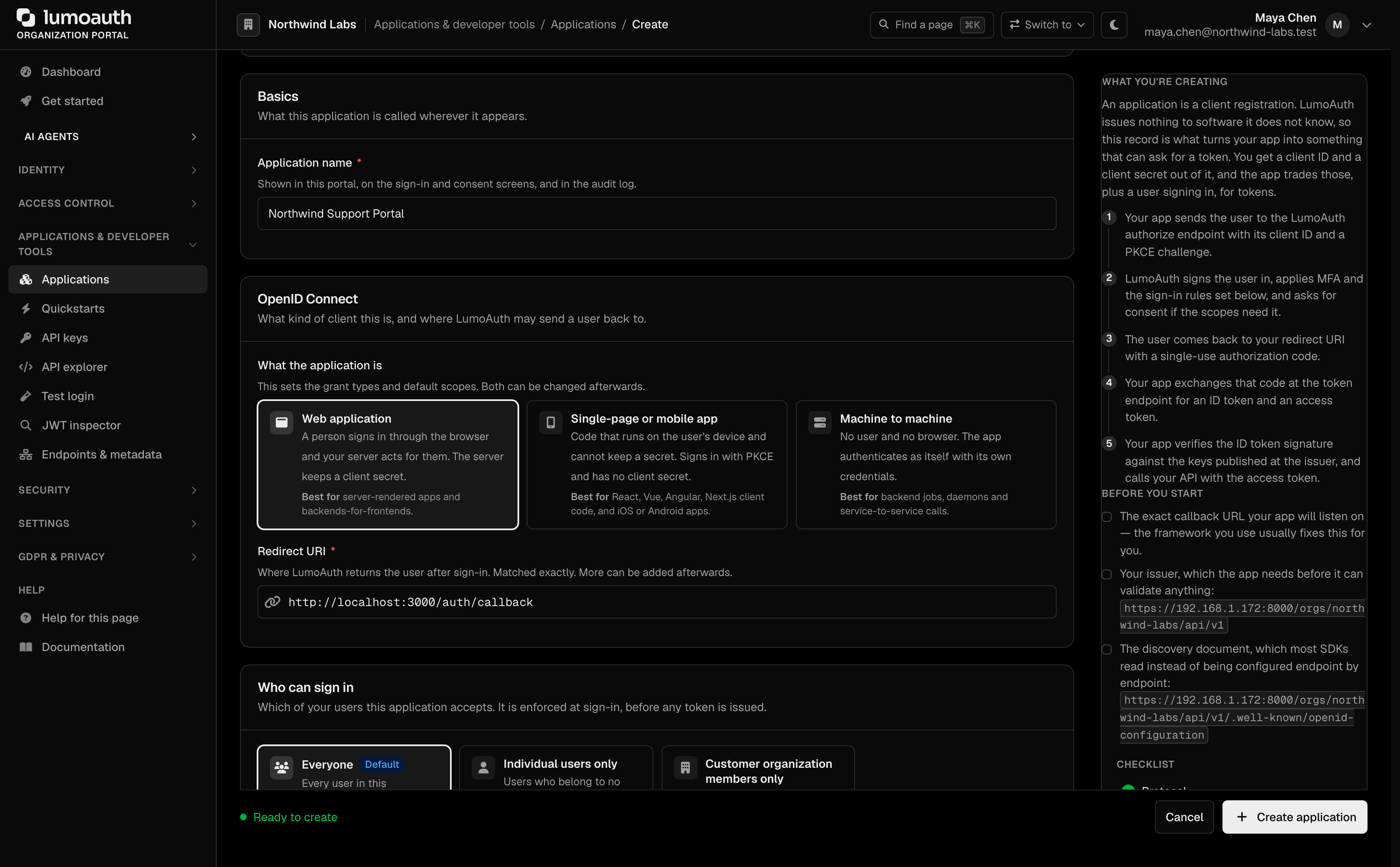 The Create application form with Web application selected and a redirect URI entered