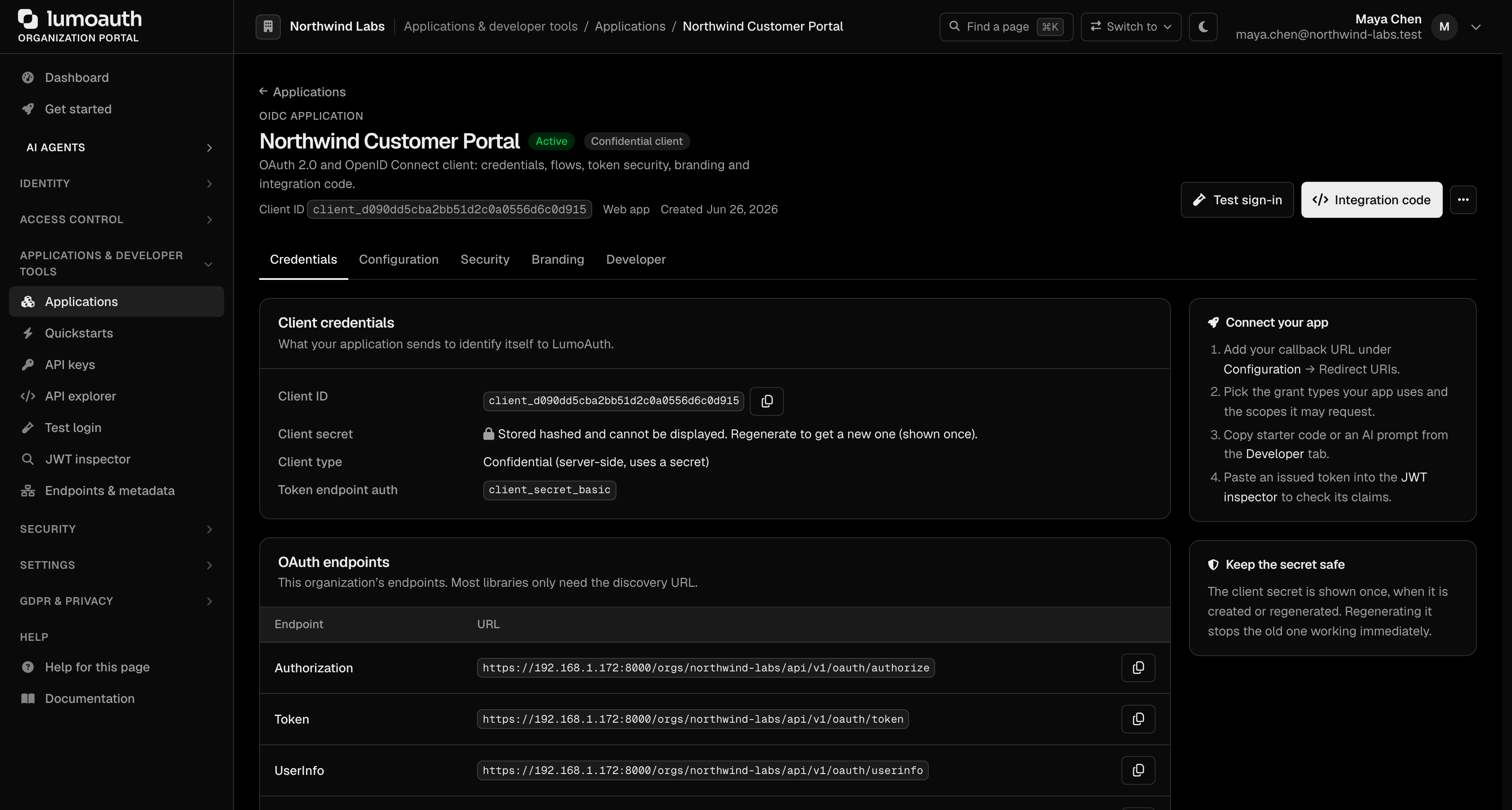 The Credentials tab of an application, where the client secret is stored hashed and can be regenerated
