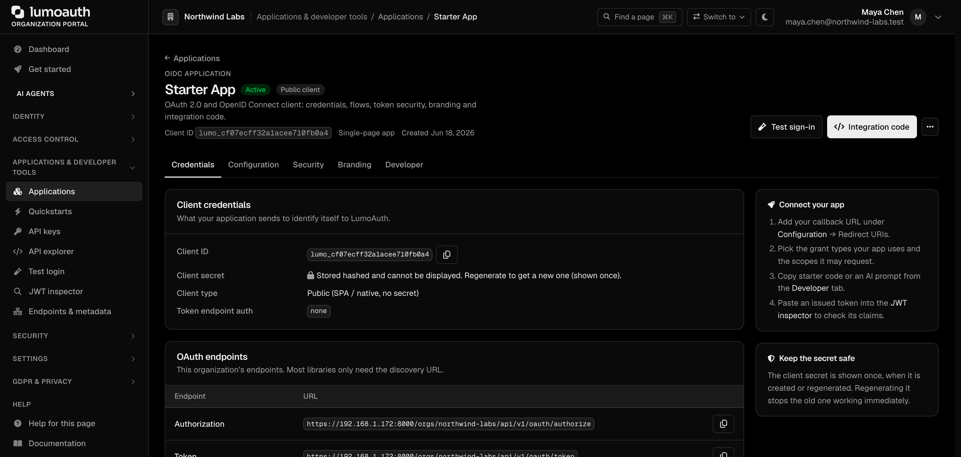 An application's Credentials tab showing the Client ID