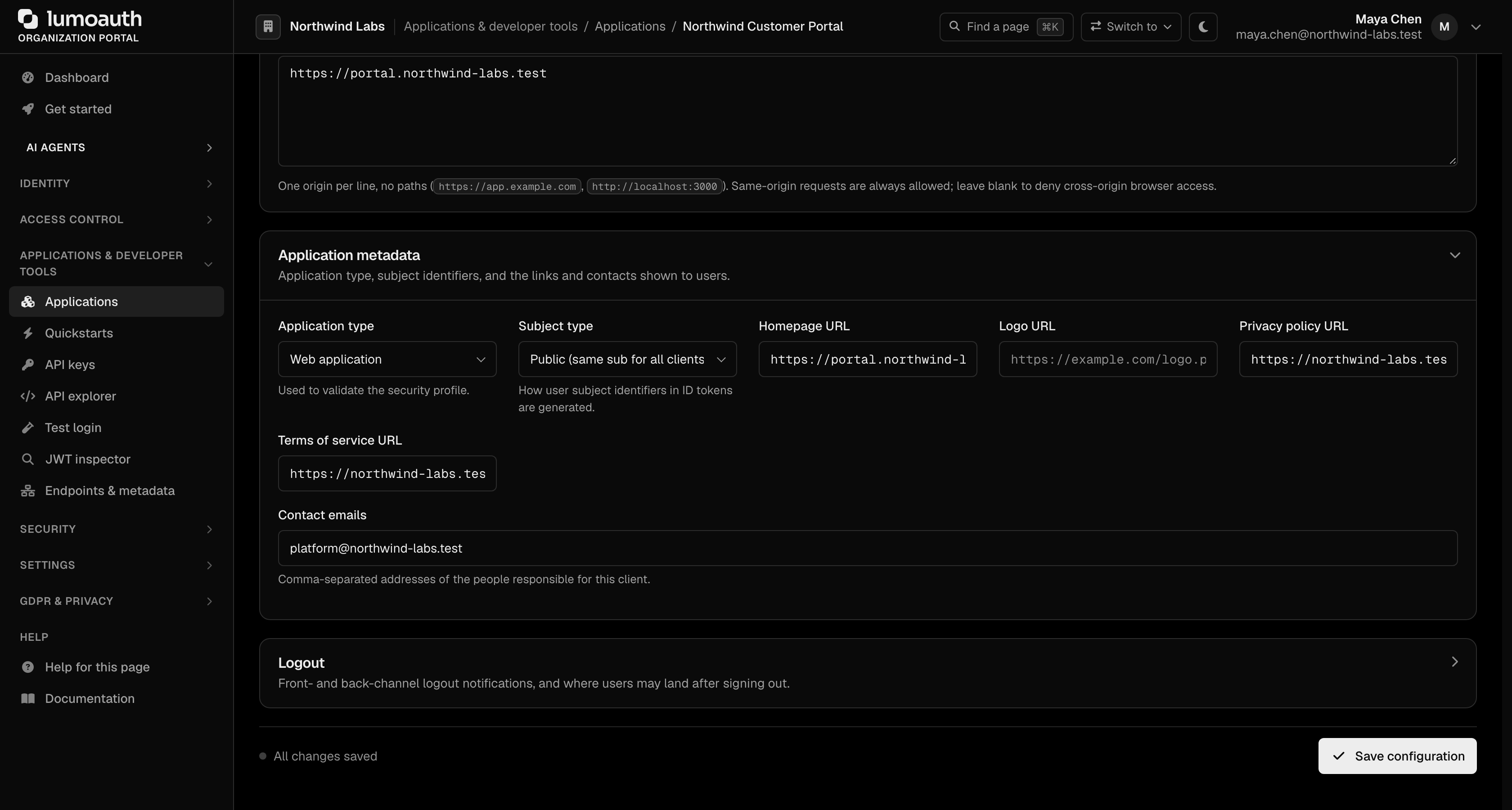 The Application metadata section of the Configuration tab with the Application type selector