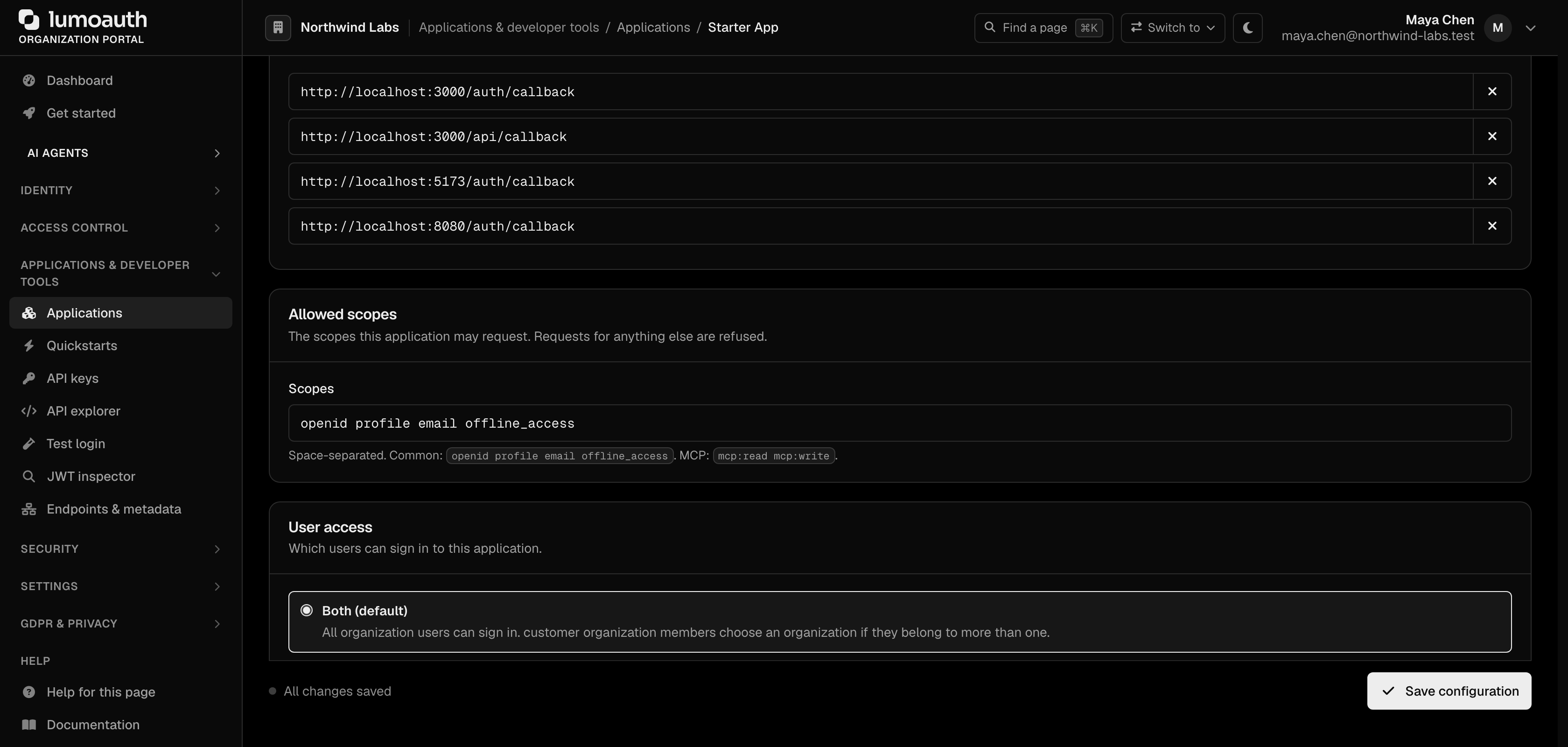 The Redirect URIs section on an application's Configuration tab