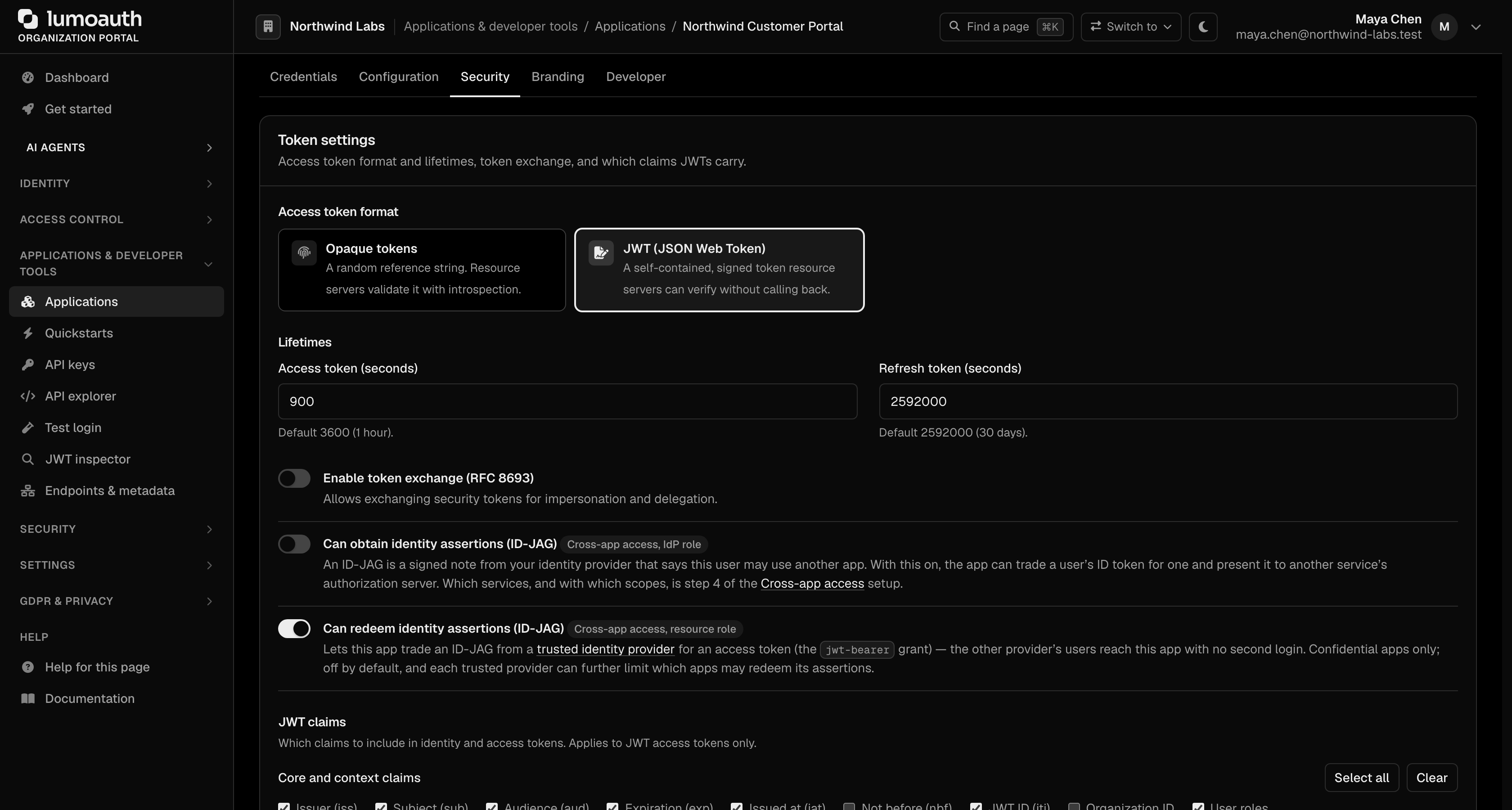 The Token settings section of an application's Security tab, with token format, lifetimes and JWT claims