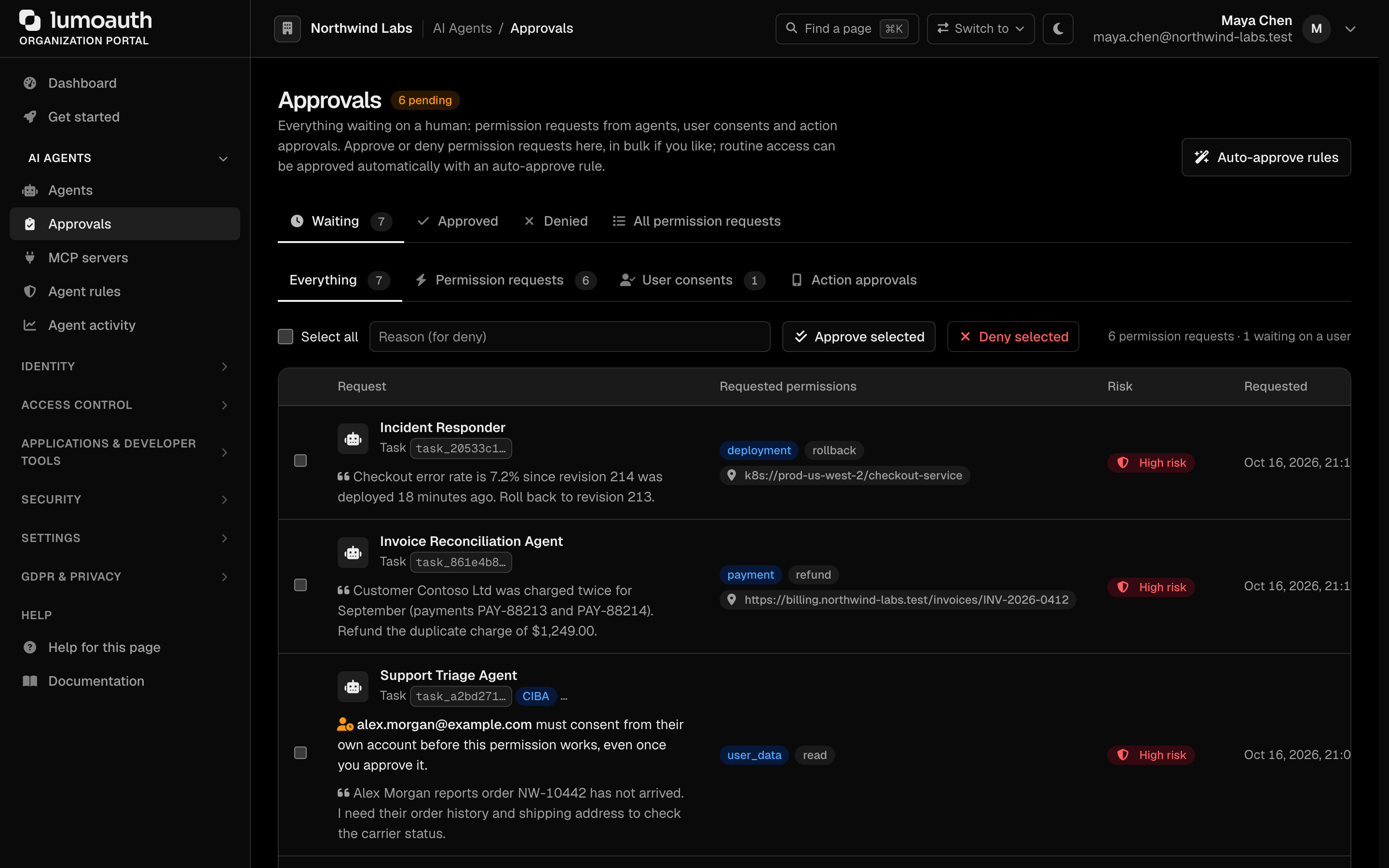 The Approvals inbox with the Waiting, Approved, Denied and All permission requests tabs and the Everything, Permission requests, User consents and Action approvals filter