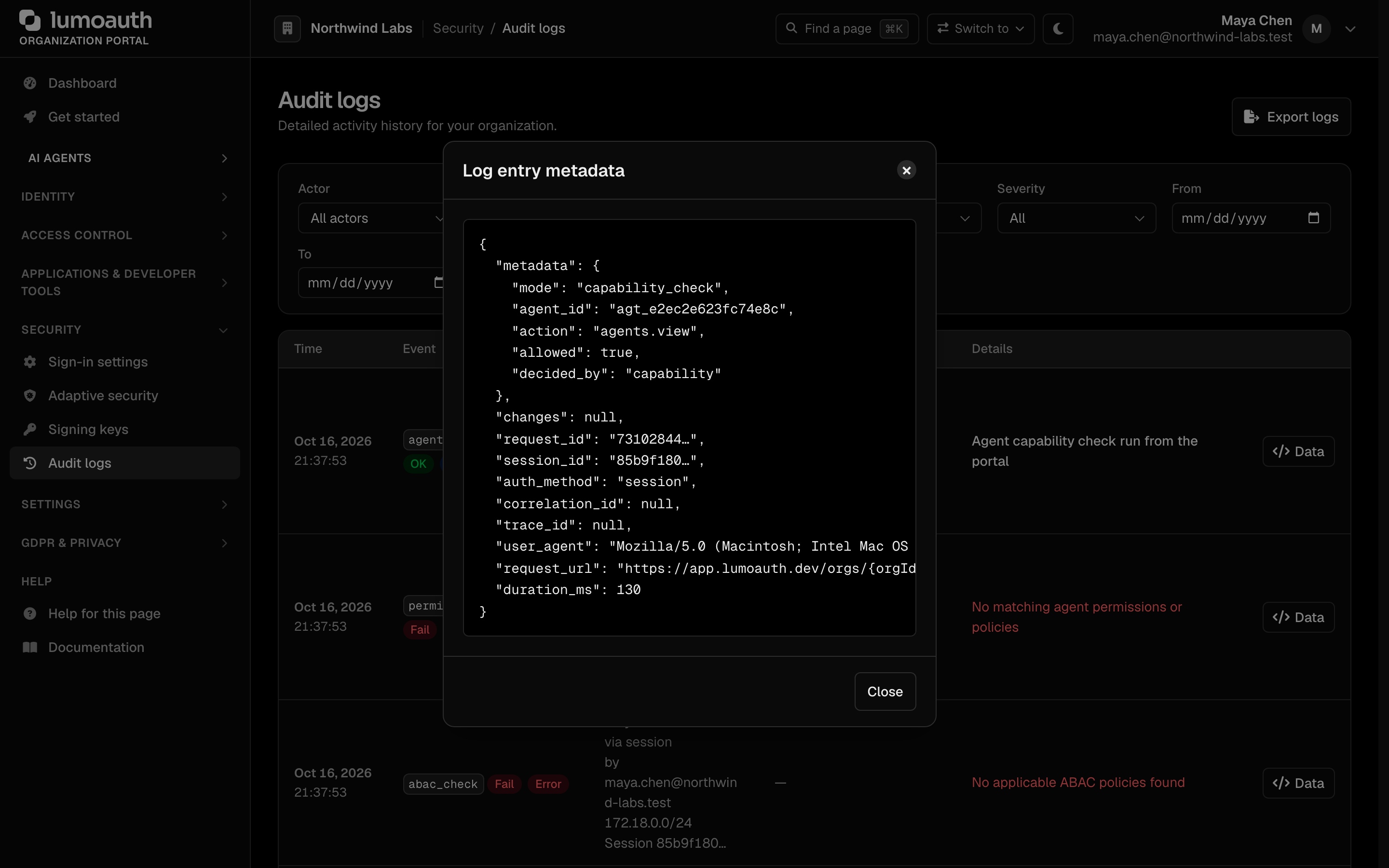 The Log entry metadata dialog opened with the Data button of a row