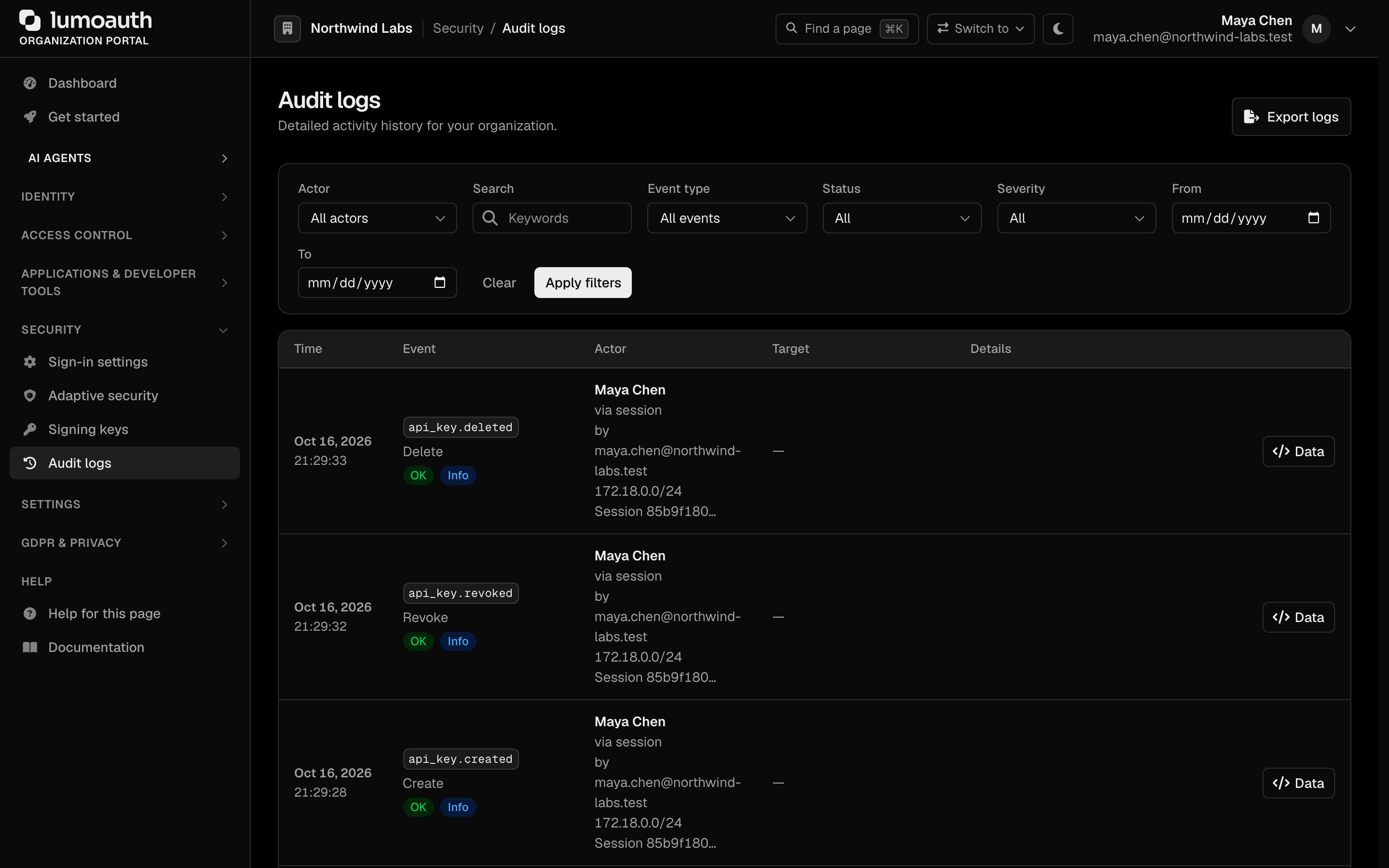 The Audit logs page with the event type filter