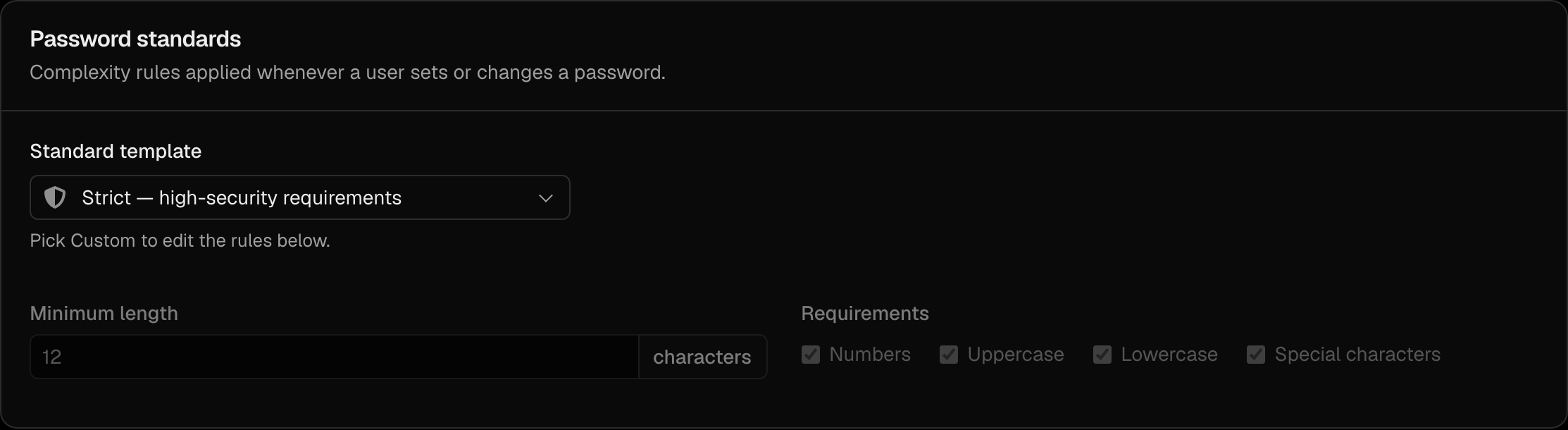 The Password standards section of Sign-in settings