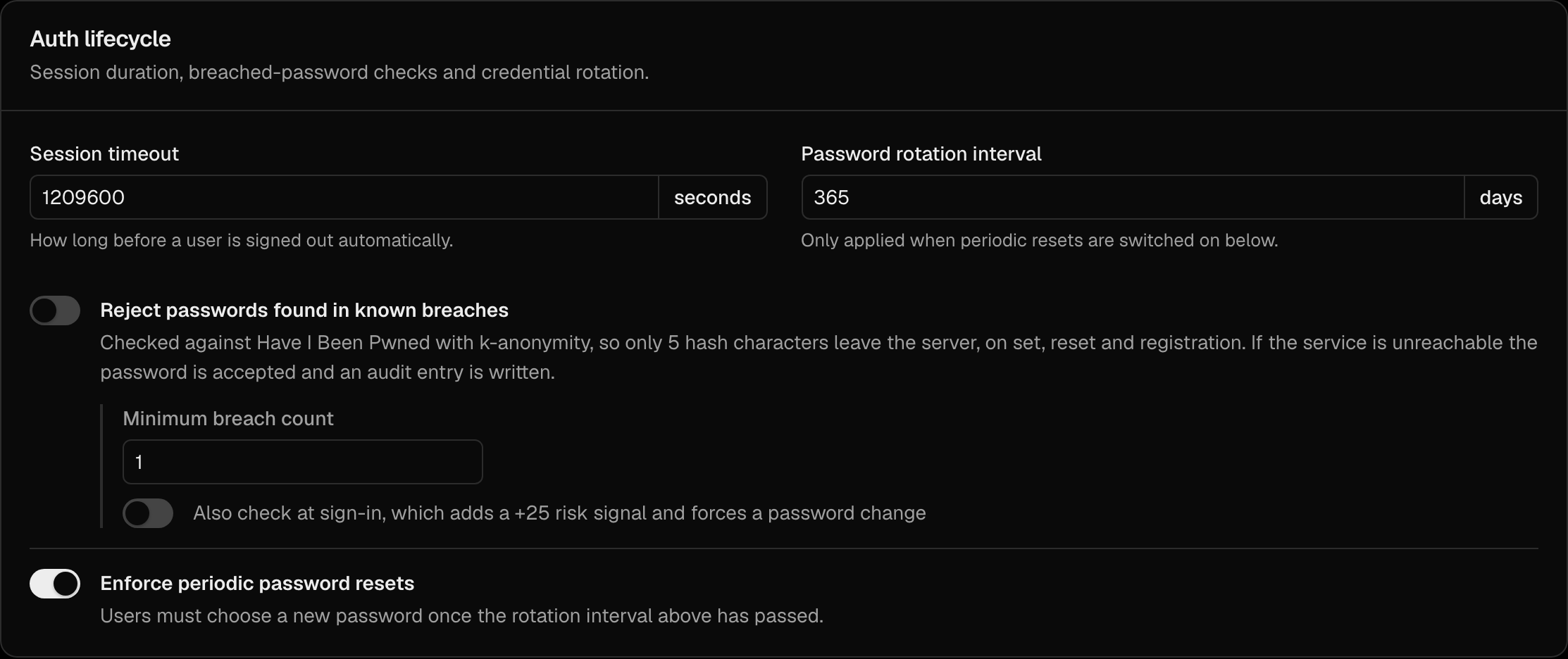 The Auth lifecycle section of Sign-in settings with the Session timeout field