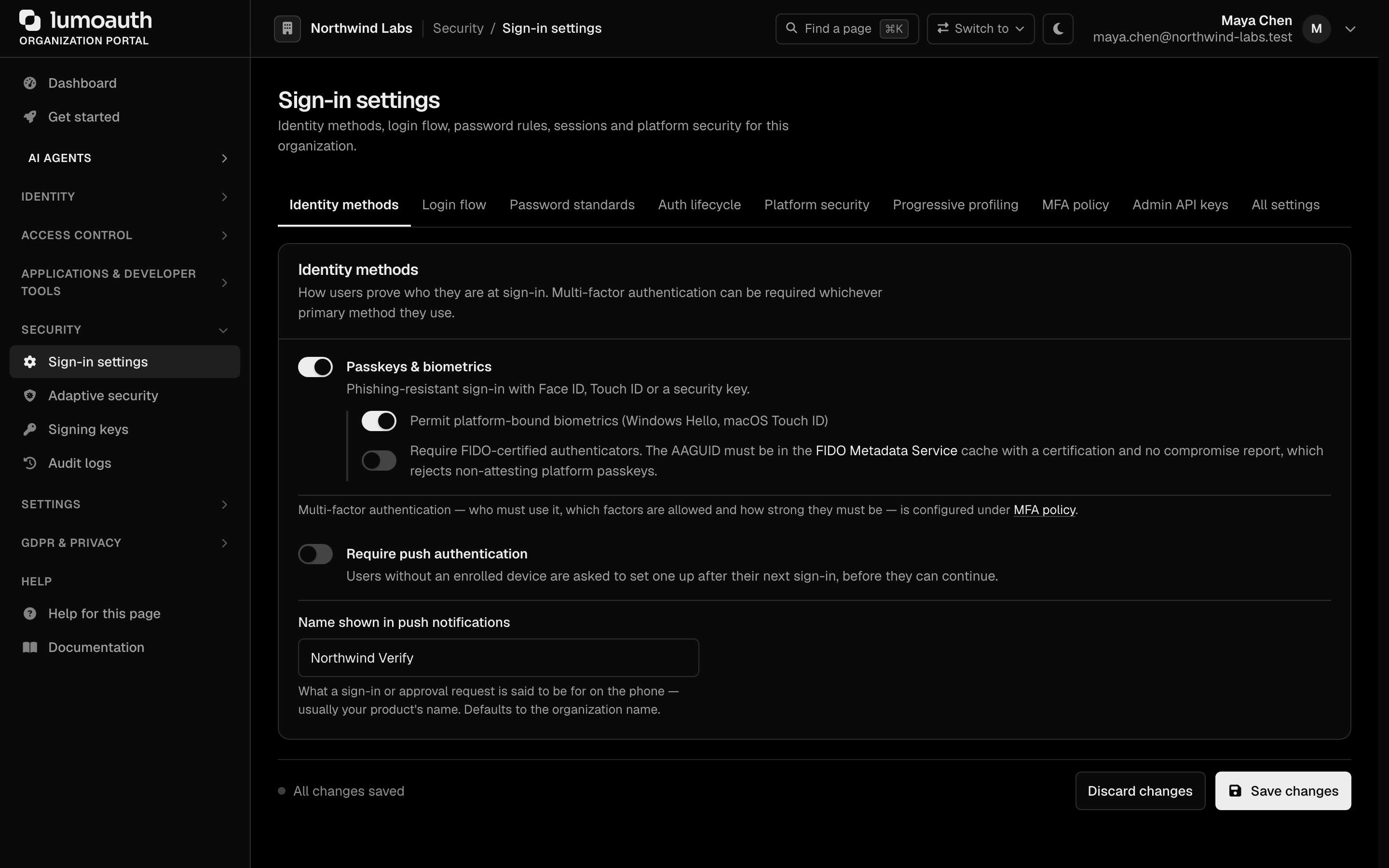 The Sign-in settings page with its section tabs