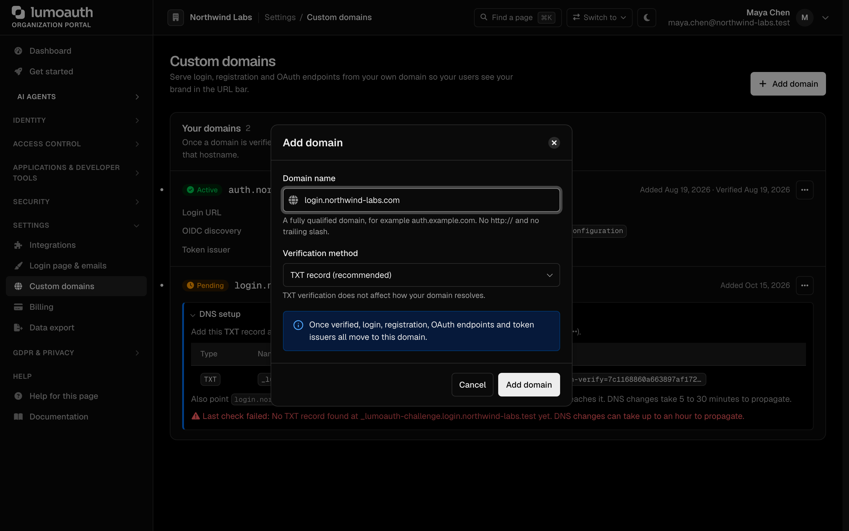 The Add domain dialog with the domain name and verification method
