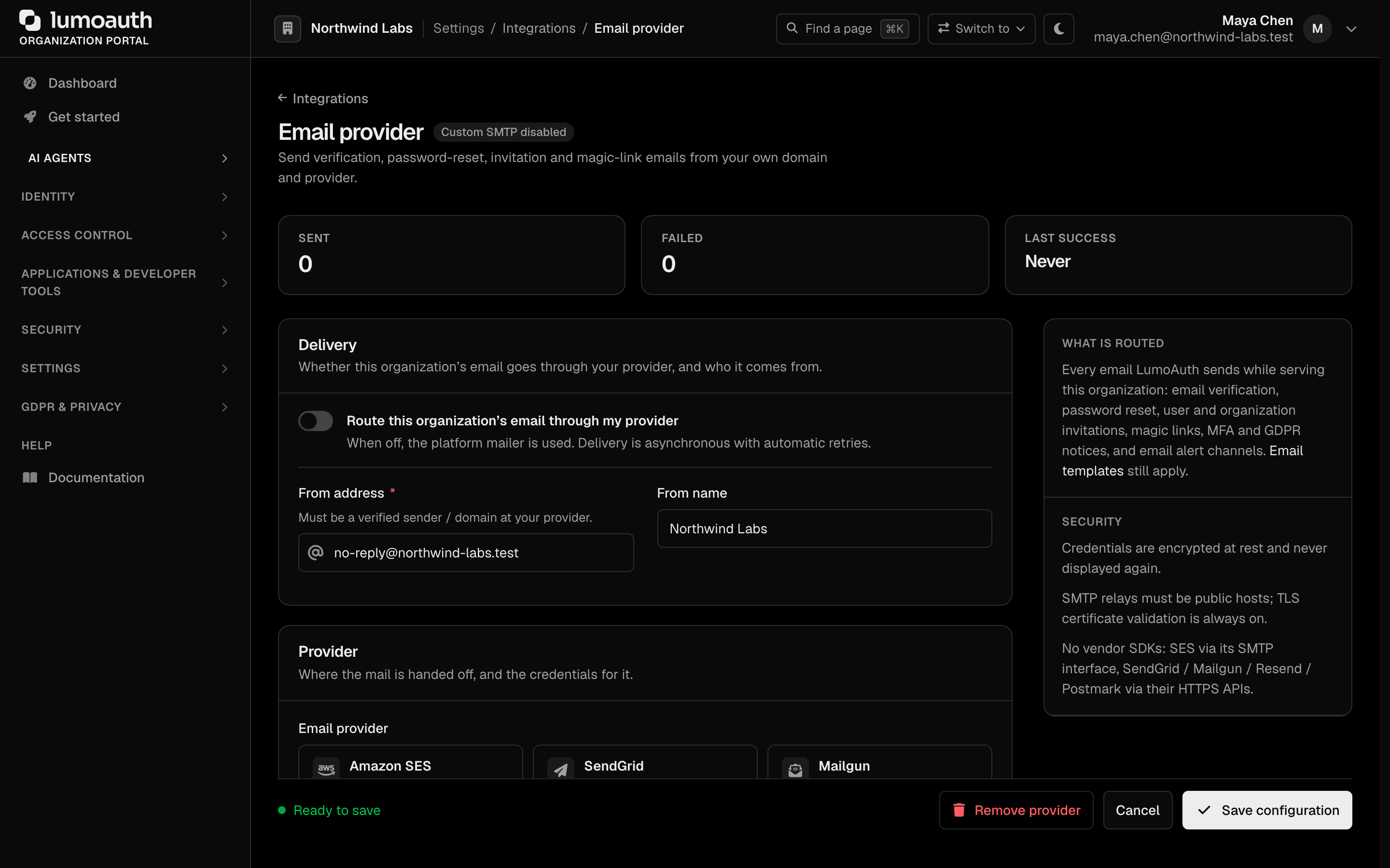 The Email provider page with the delivery switch and From address