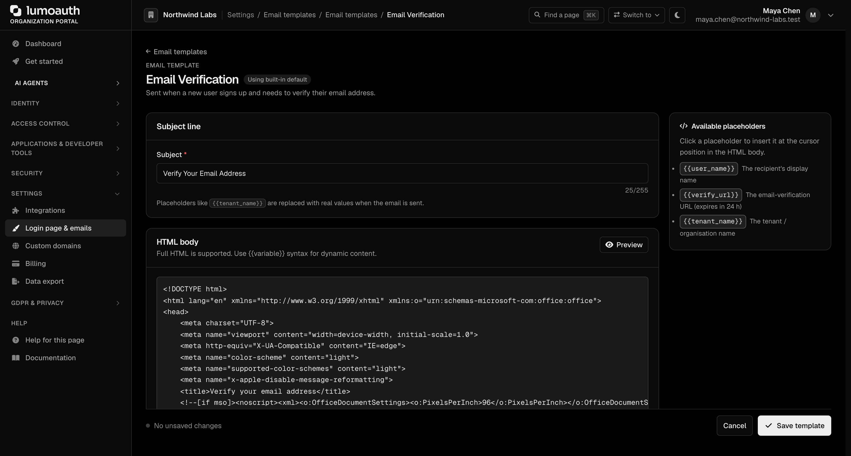 The template editor with the subject line, HTML body and available placeholders