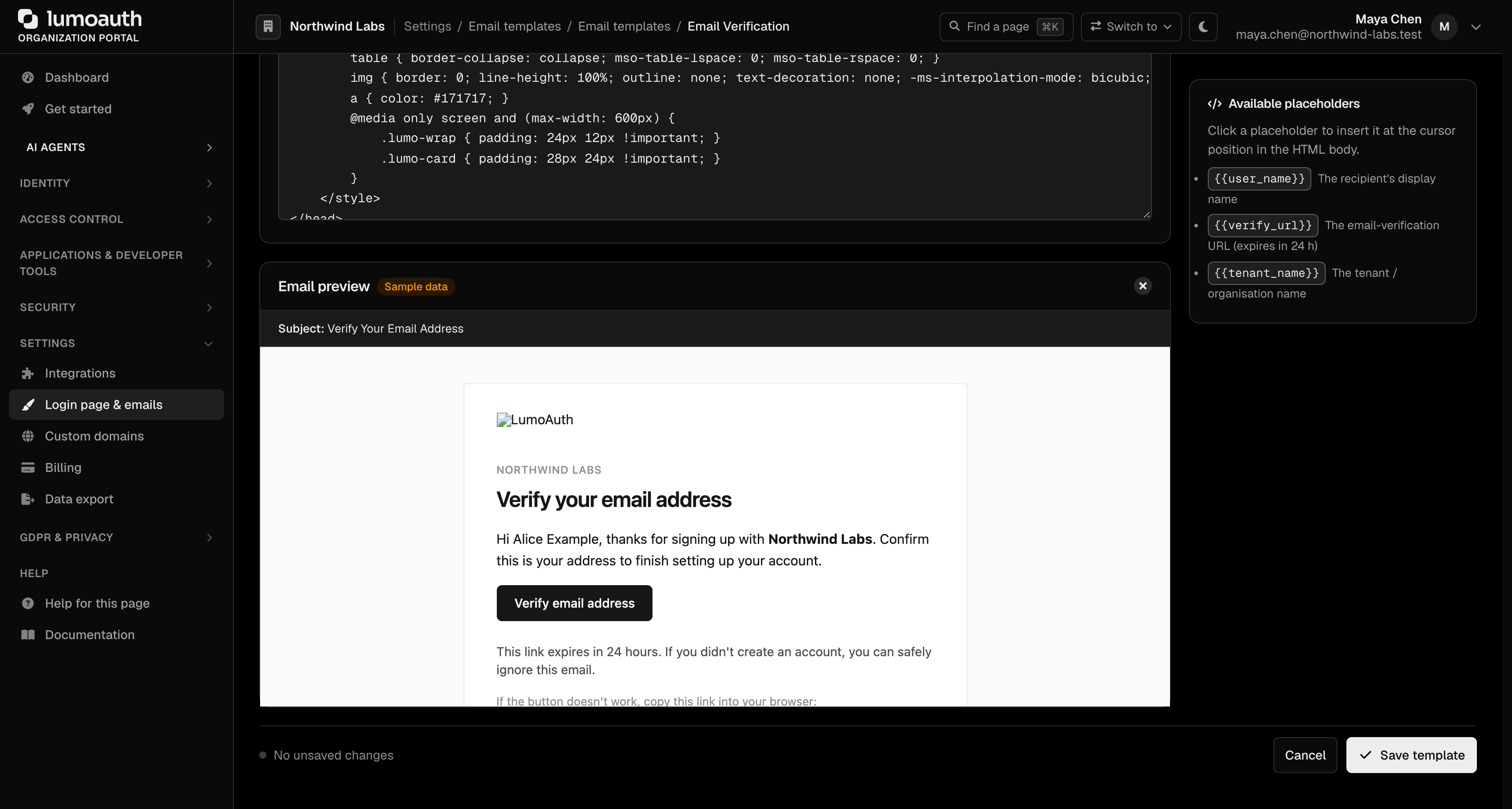 The email preview panel rendered with sample data