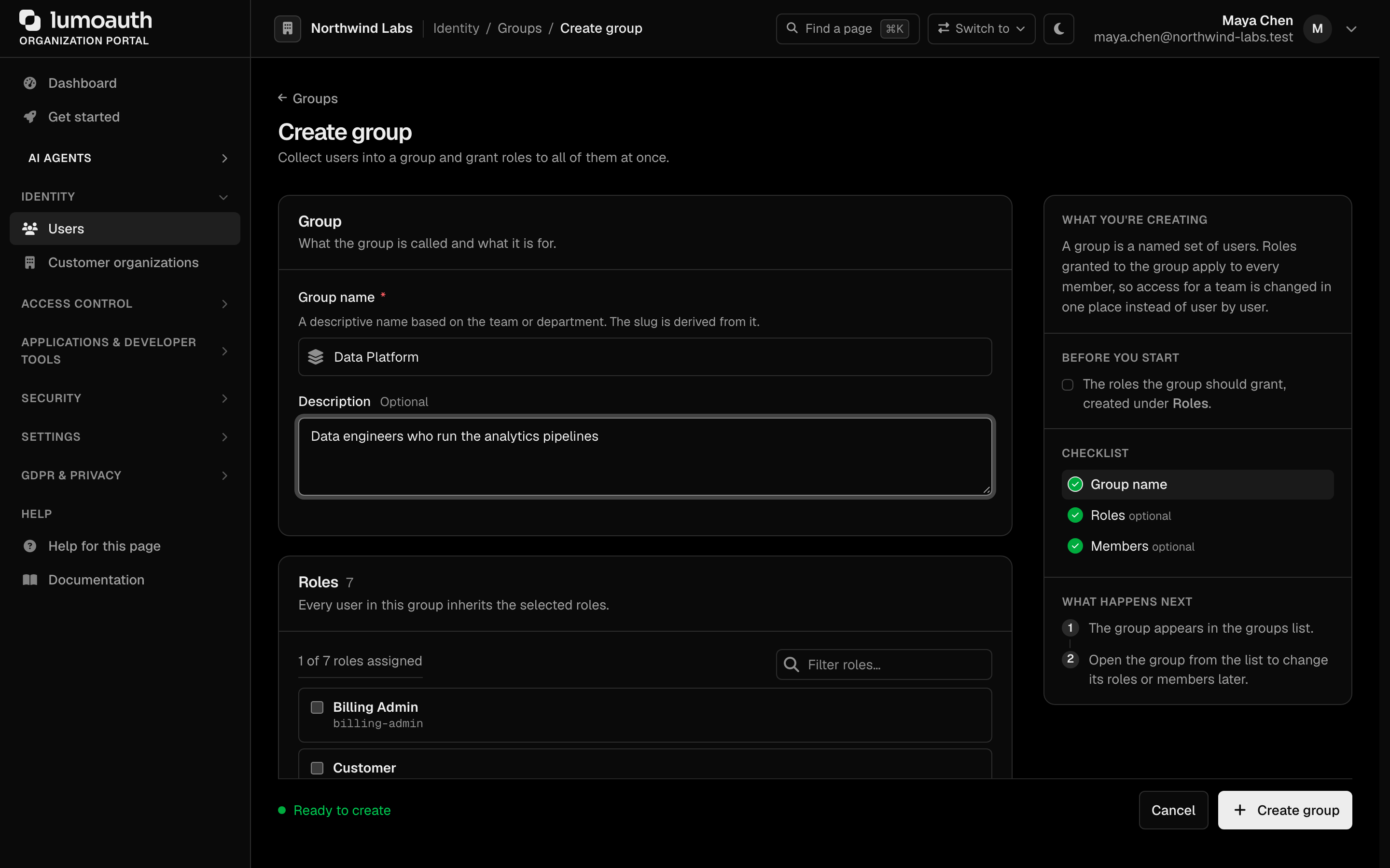 The Create group form with name, description and the Roles section
