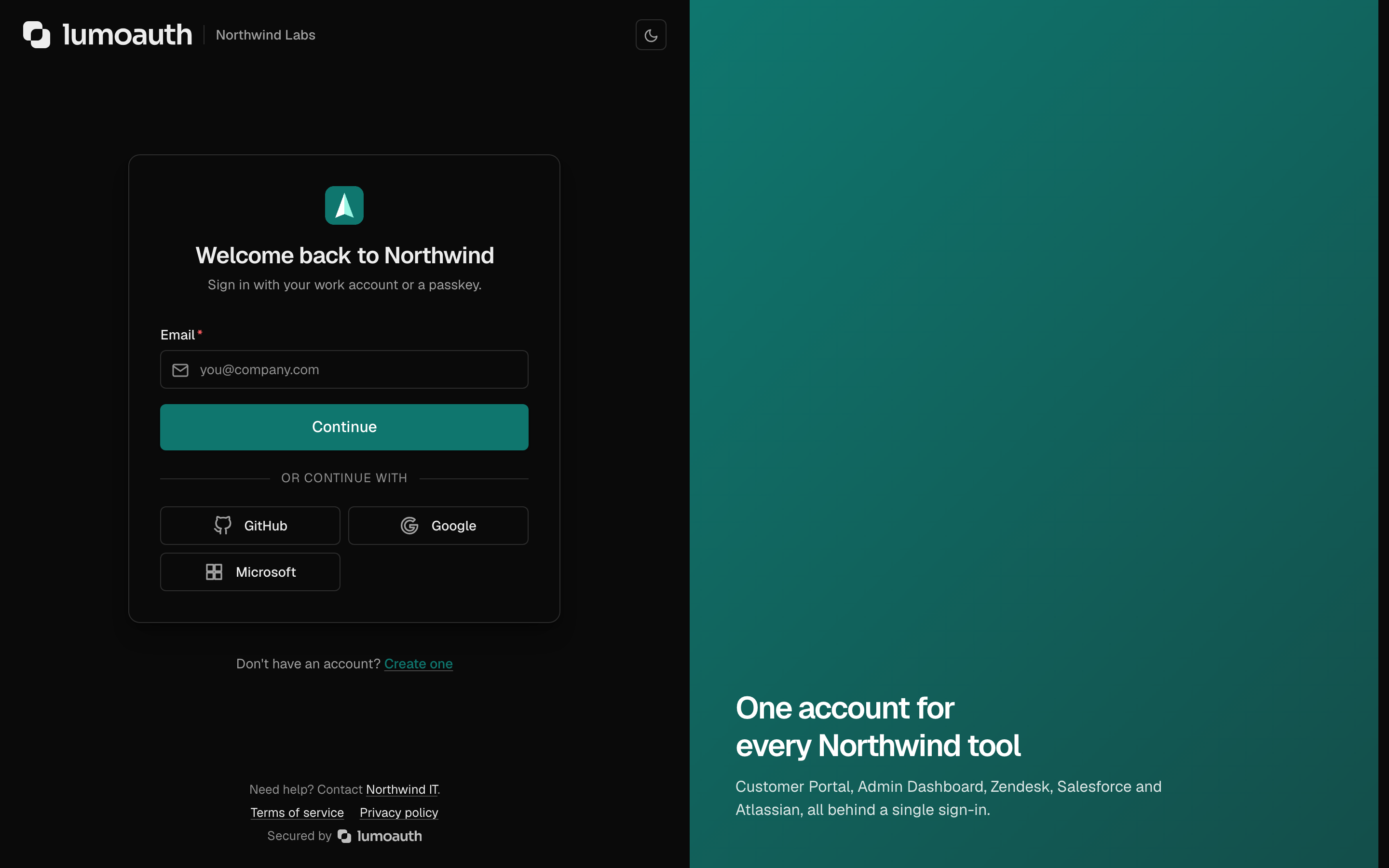 The hosted login page with the email field and the Create one sign-up link