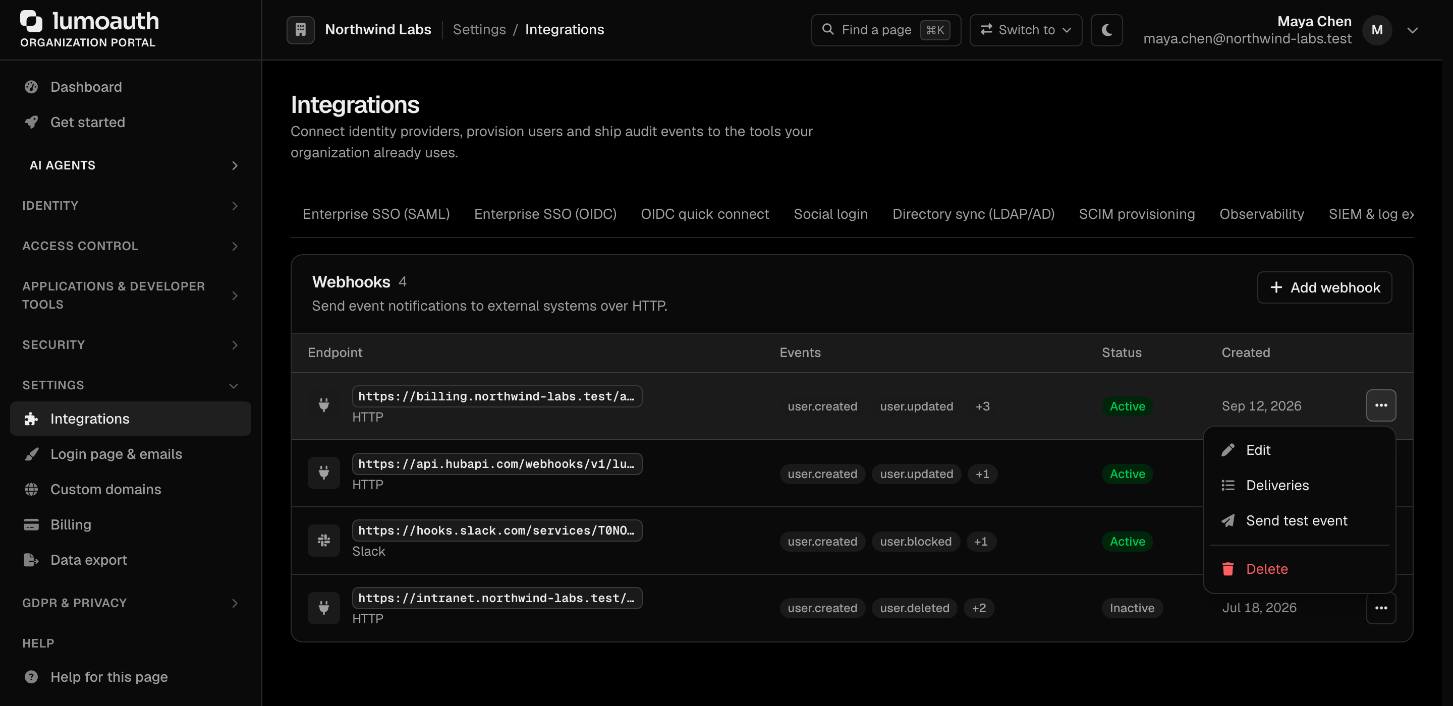 The Webhooks section of the Integrations page listing a webhook