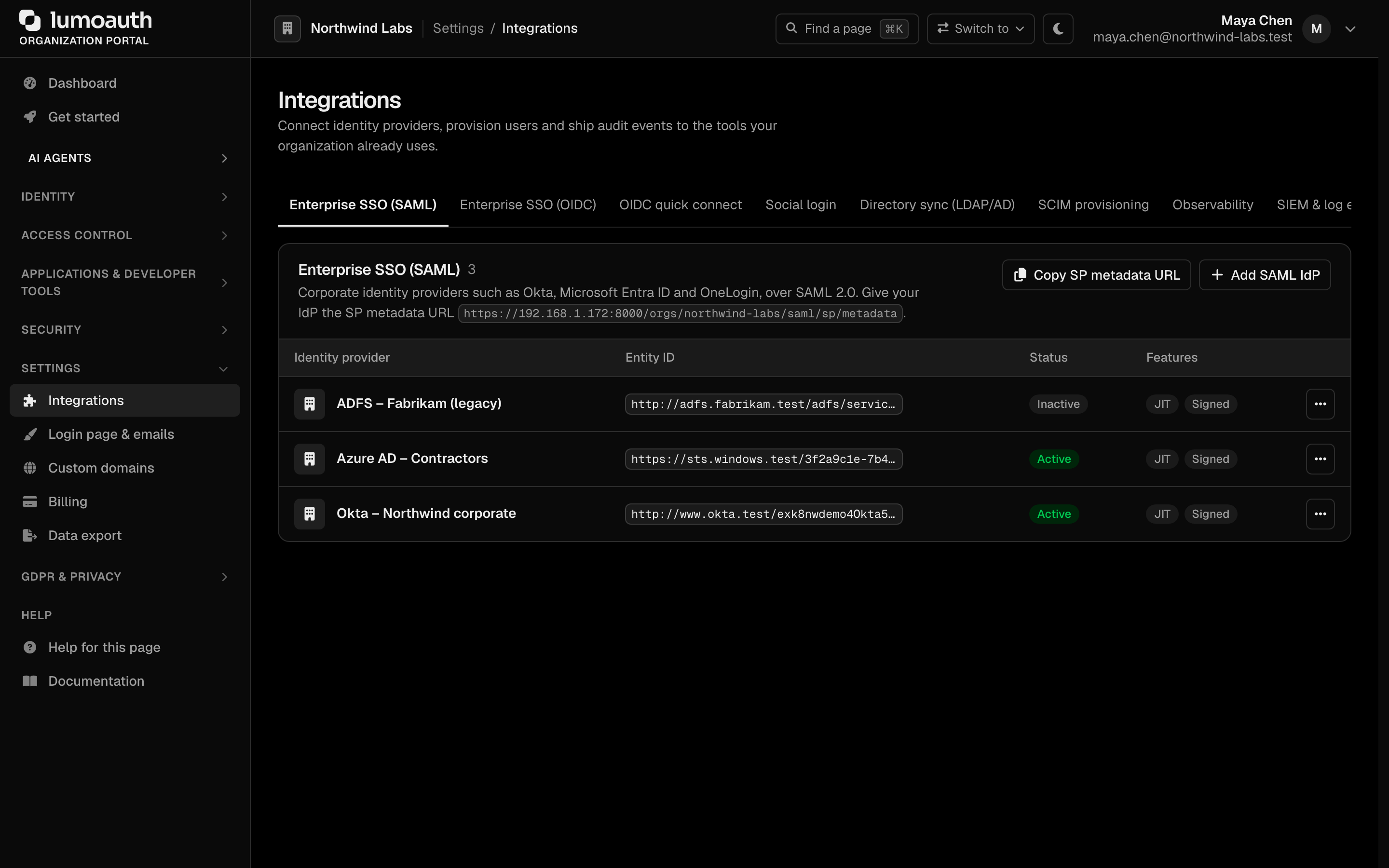 The Enterprise SSO (SAML) section of the Integrations page with the service provider metadata URL and the configured identity provider
