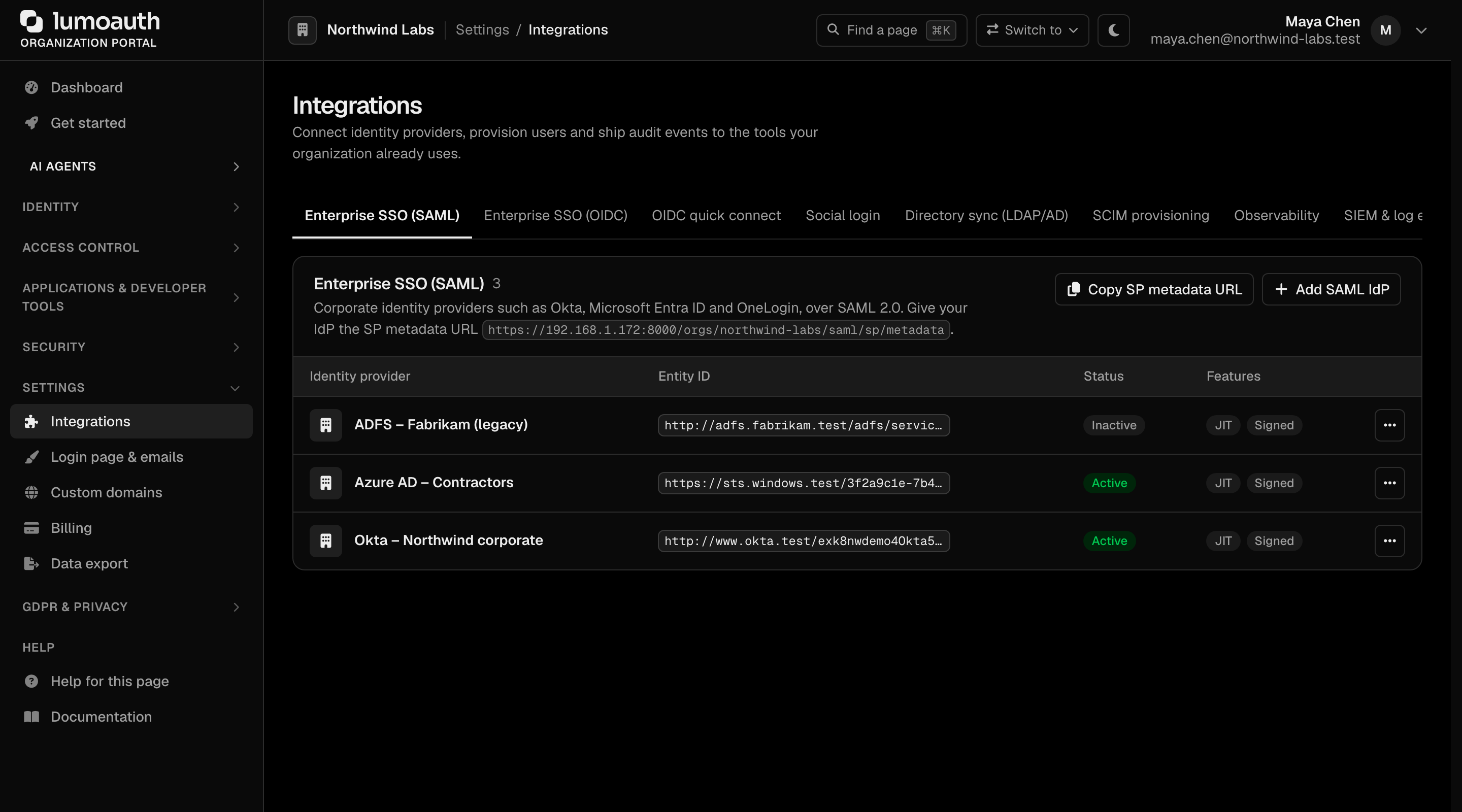 The Integrations page with its section tabs, showing Enterprise SSO (SAML)