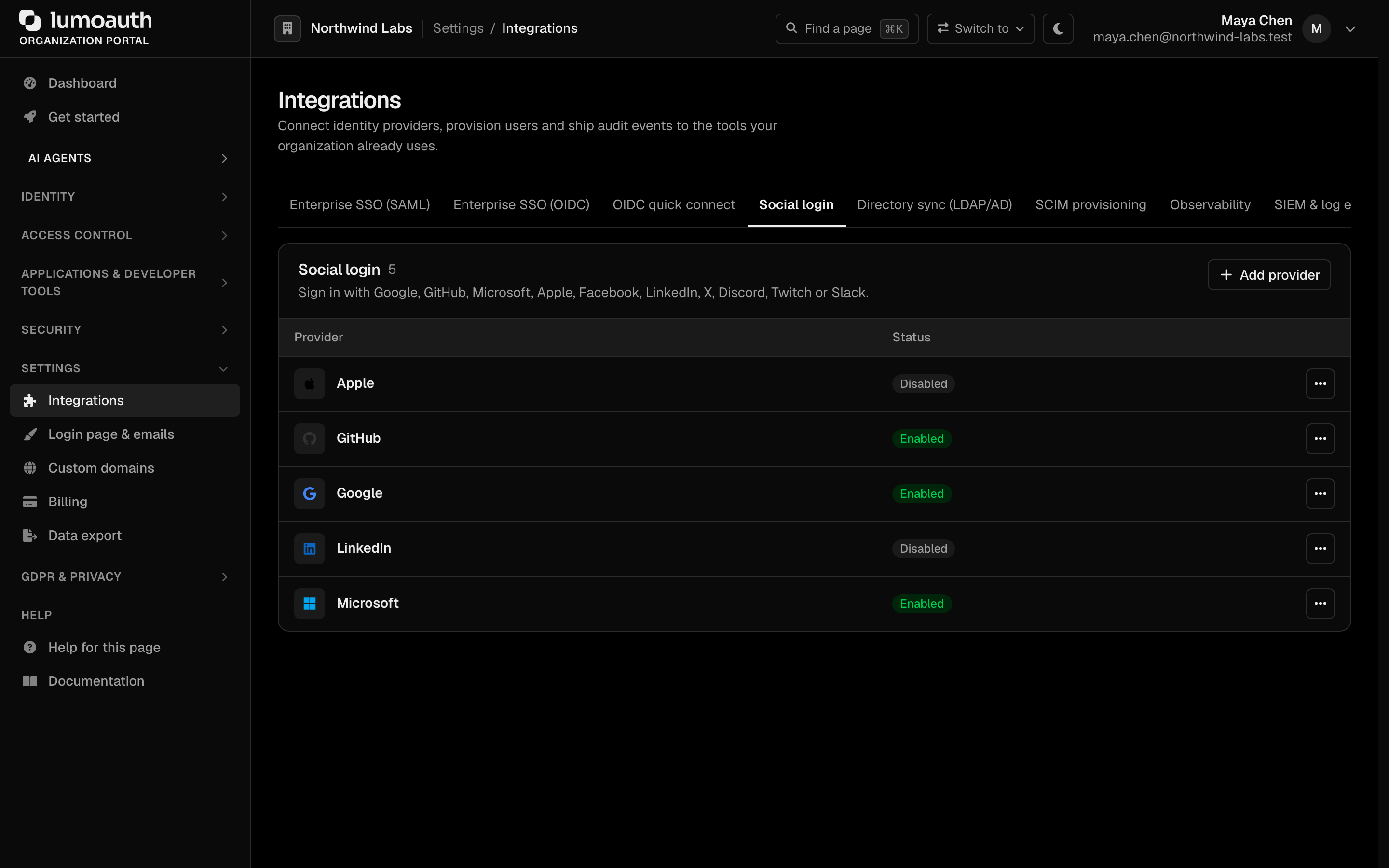 The Social login tab of the Integrations page with the Add provider button