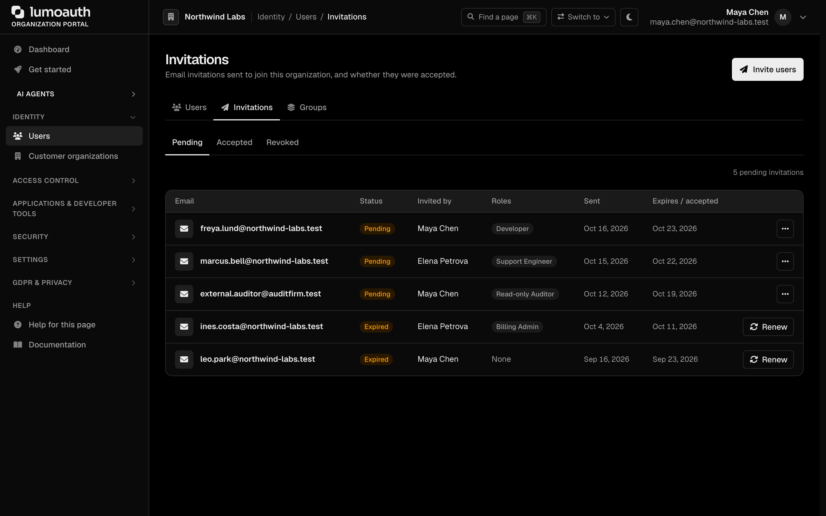 The Invitations page with the Pending, Accepted and Revoked tabs