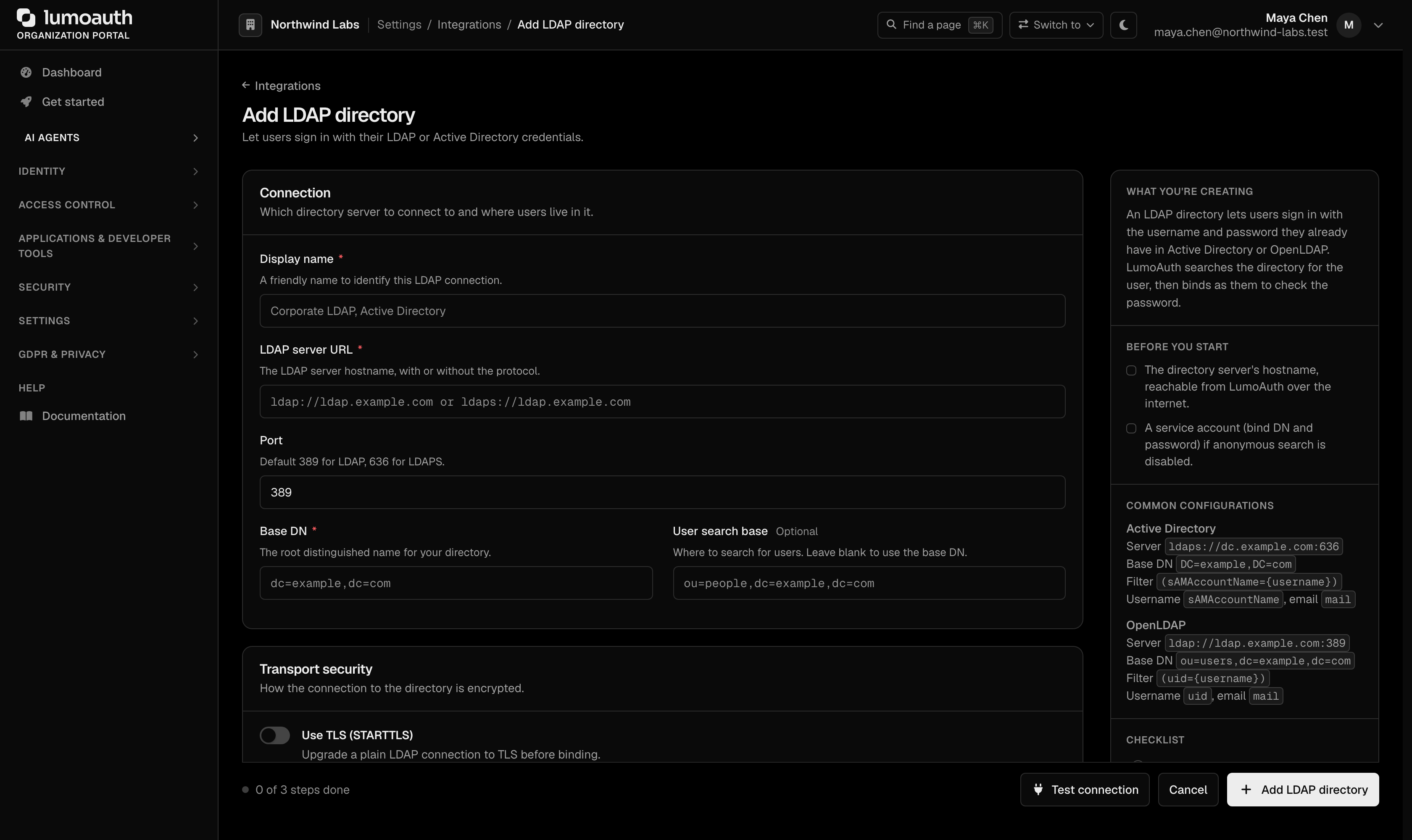 The Add LDAP directory form with the connection fields and the Test connection button