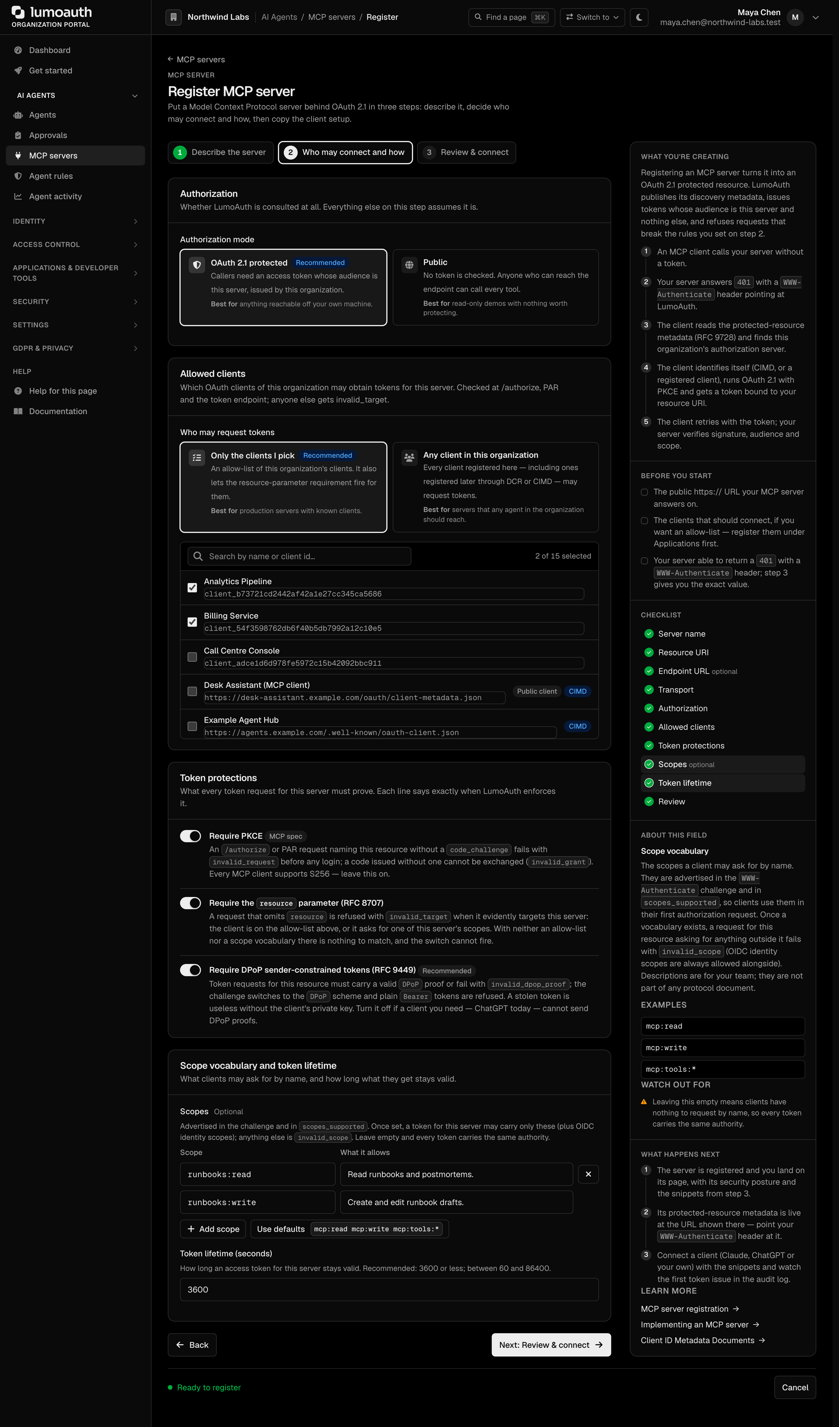 Step 2 of the wizard, Who may connect and how, with OAuth 2.1 protected selected, two allowed clients picked, the token protections switched on and a scope vocabulary entered