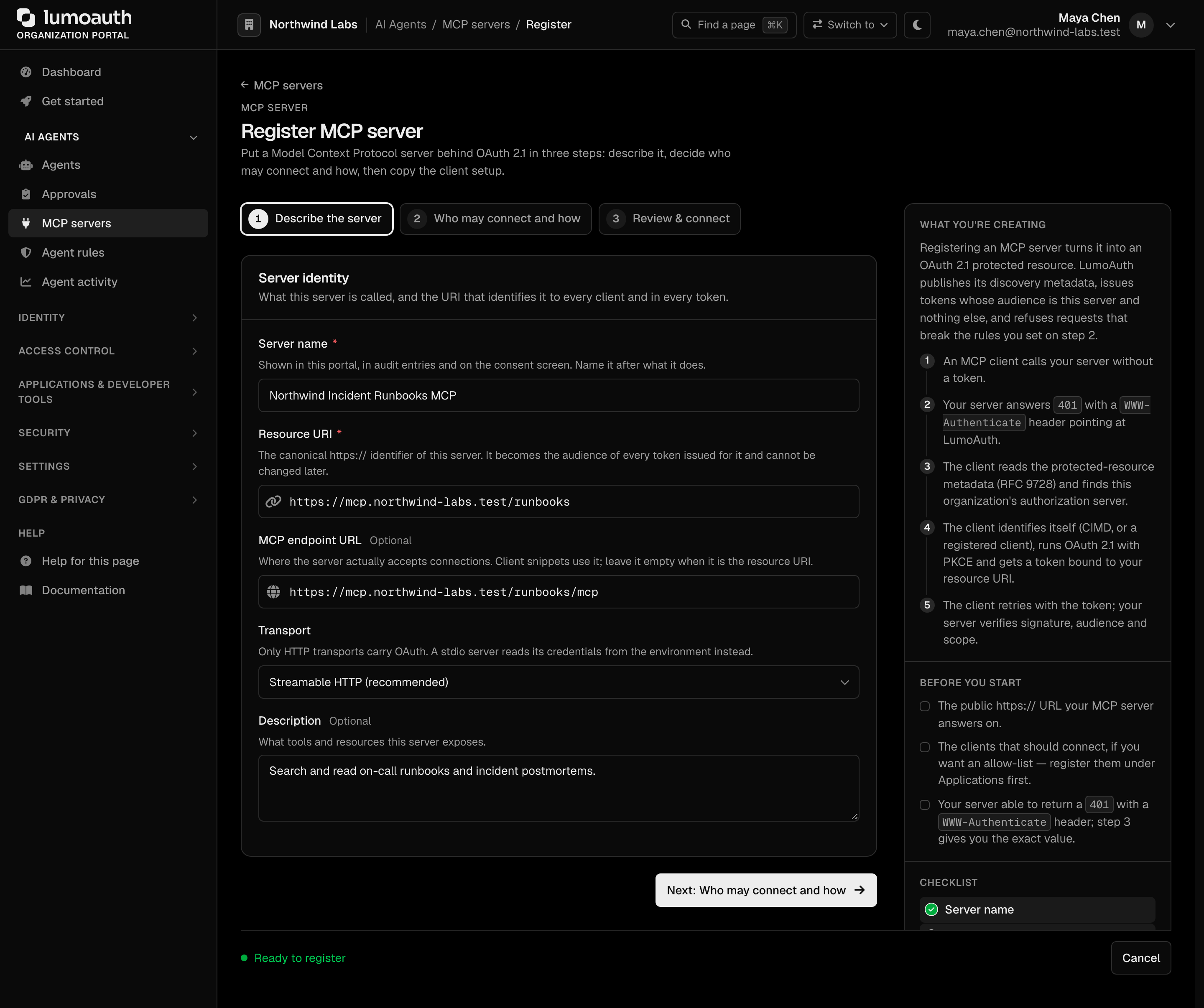 Step 1 of the Register MCP server wizard, Describe the server, with the server name, resource URI, endpoint URL and description filled in