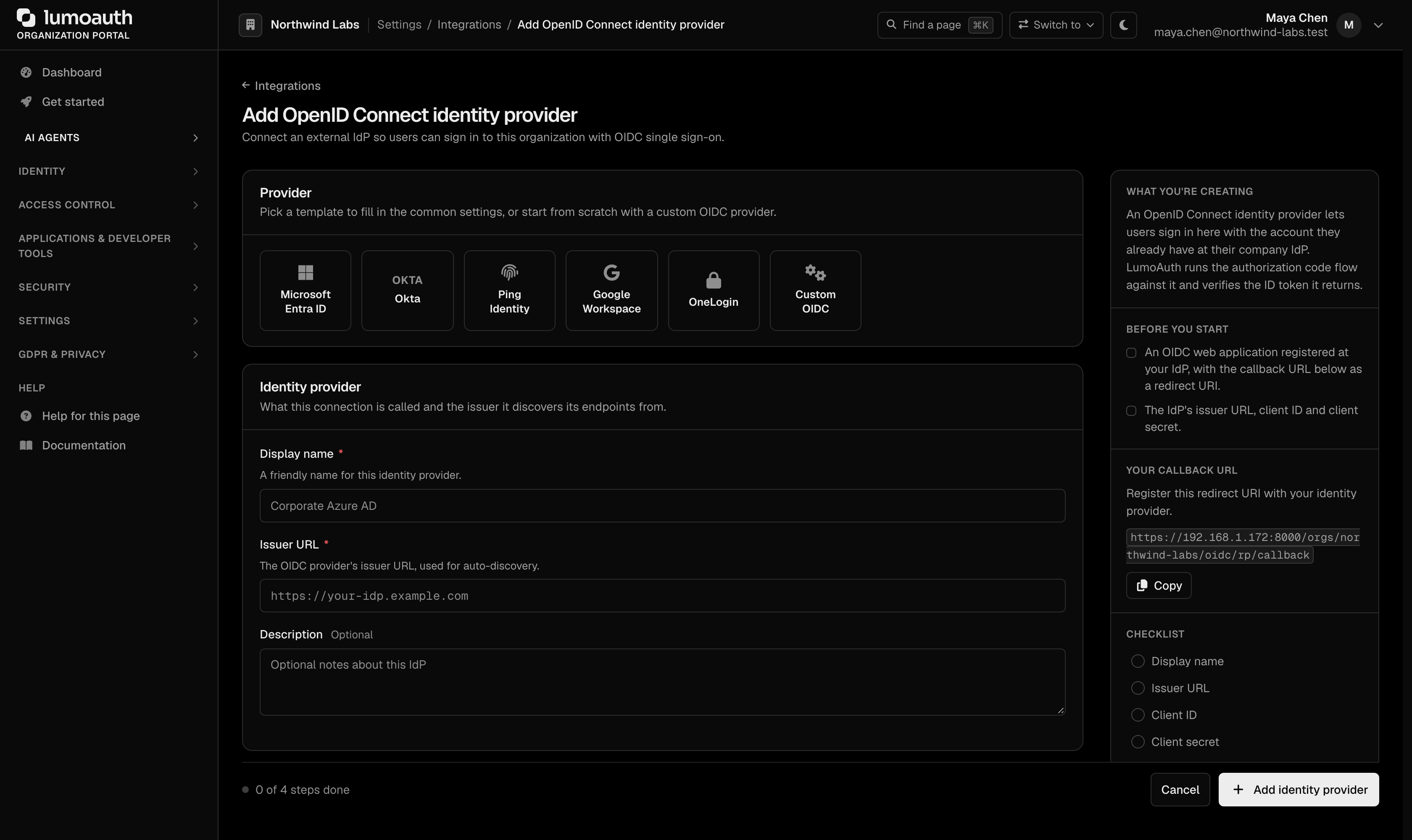 The Add OpenID Connect identity provider form with the provider templates