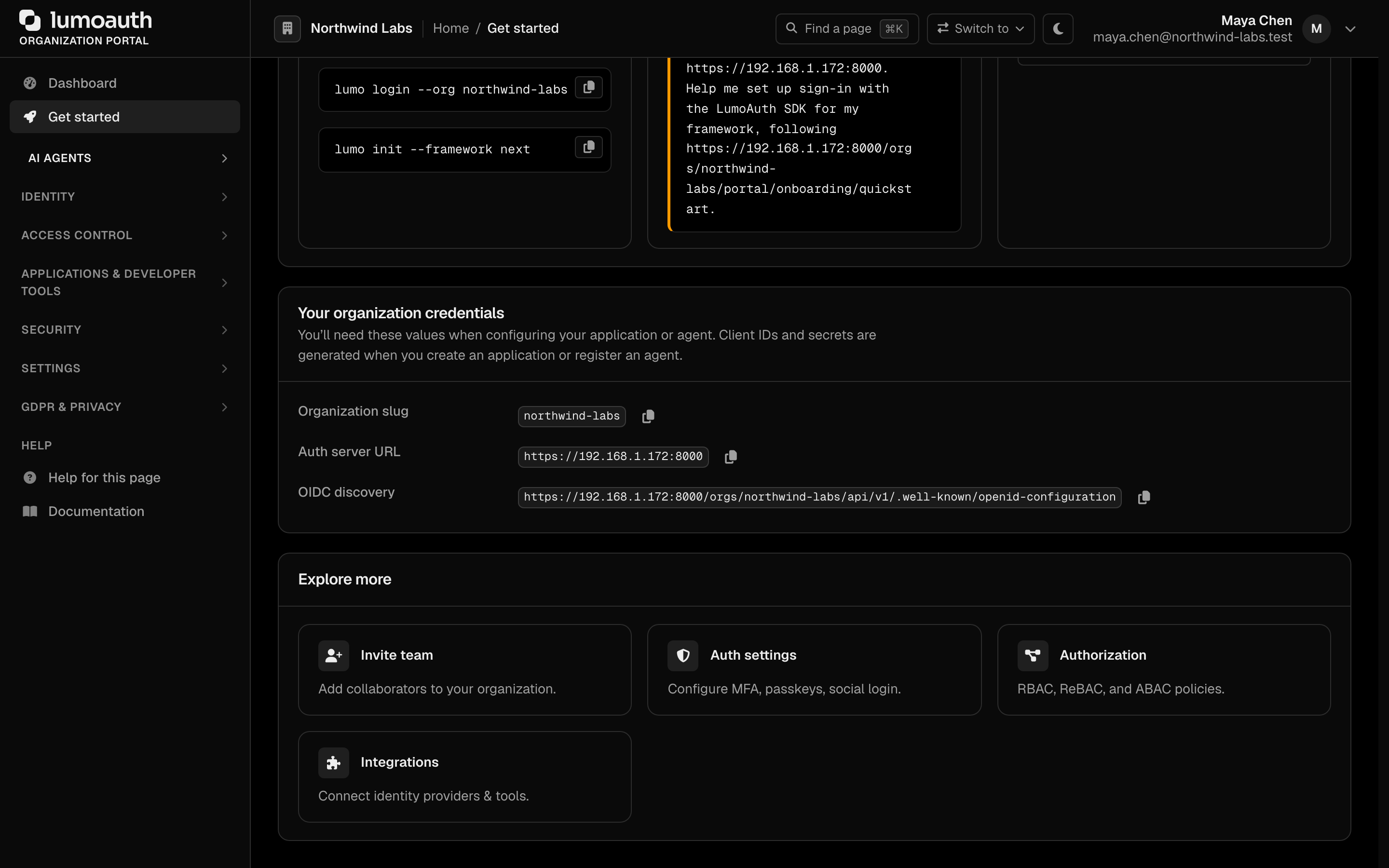 The Your organization credentials card on the Get started page