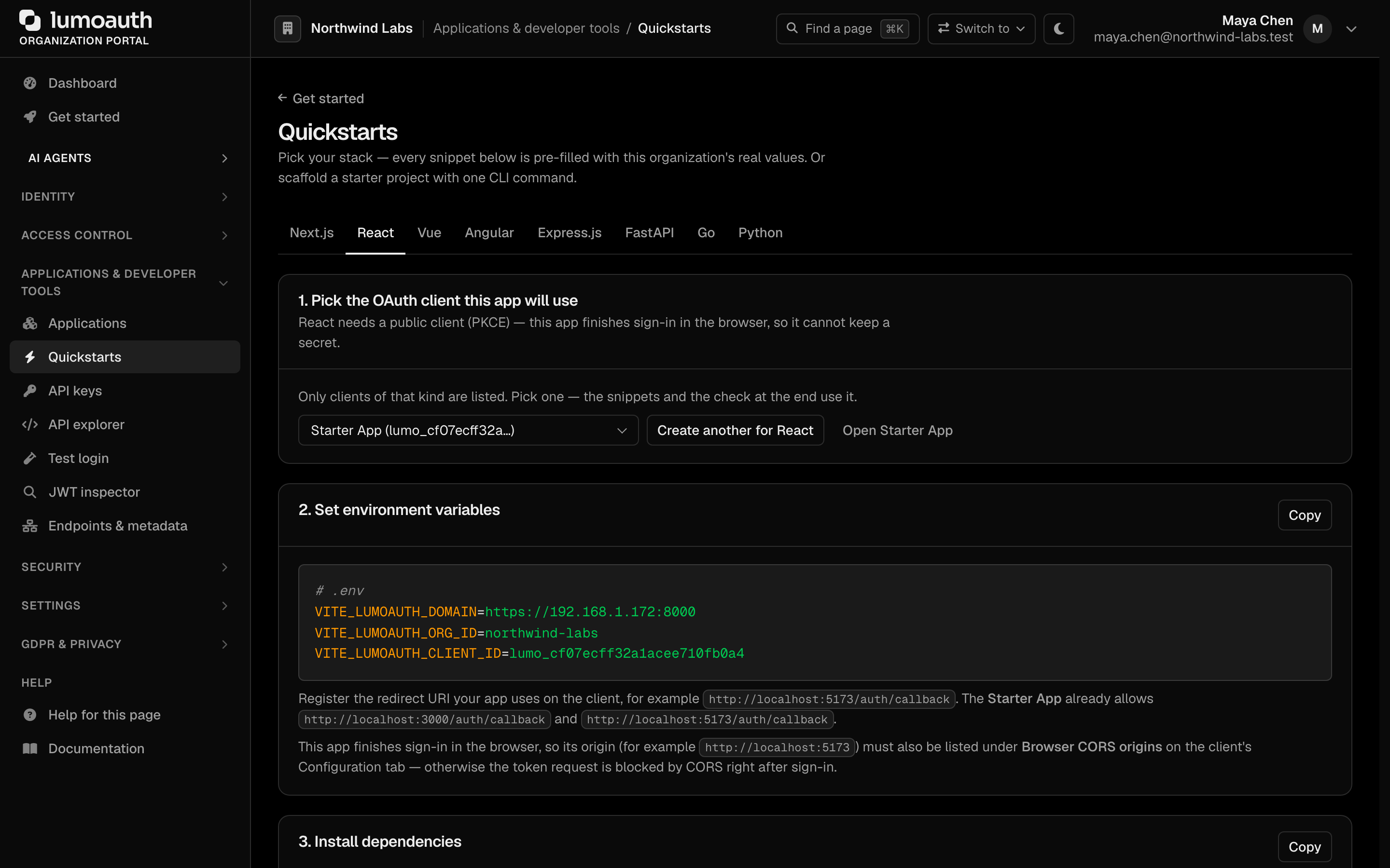 The Quickstarts page with the React tab selected, showing pre-filled environment variables